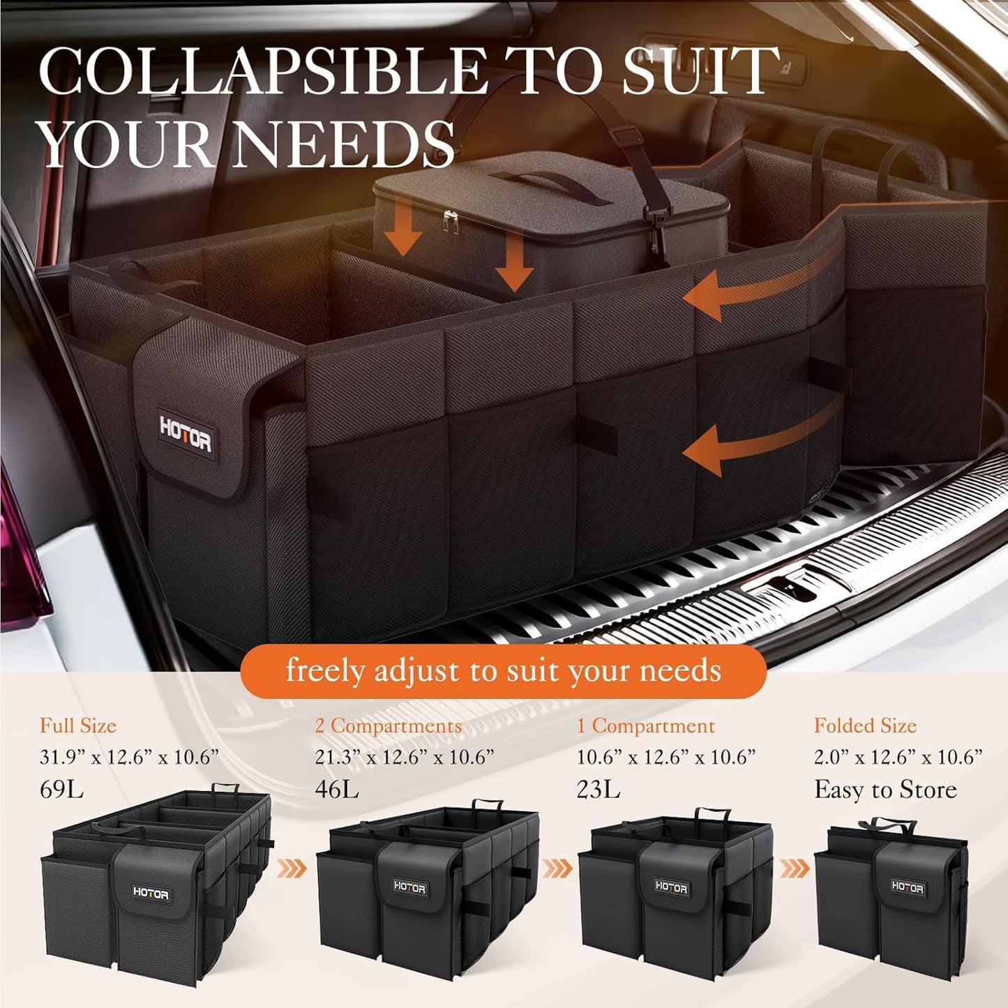 HOTOR Car Trunk Organizer for SUV - Large Car Organizer with Removable Car Cooler, 3 Compartments and 8 Pockets for Car Accessories, Foldable Design & Adjustable Straps, Black, 78.5 x 32.0 x 27.0 cm