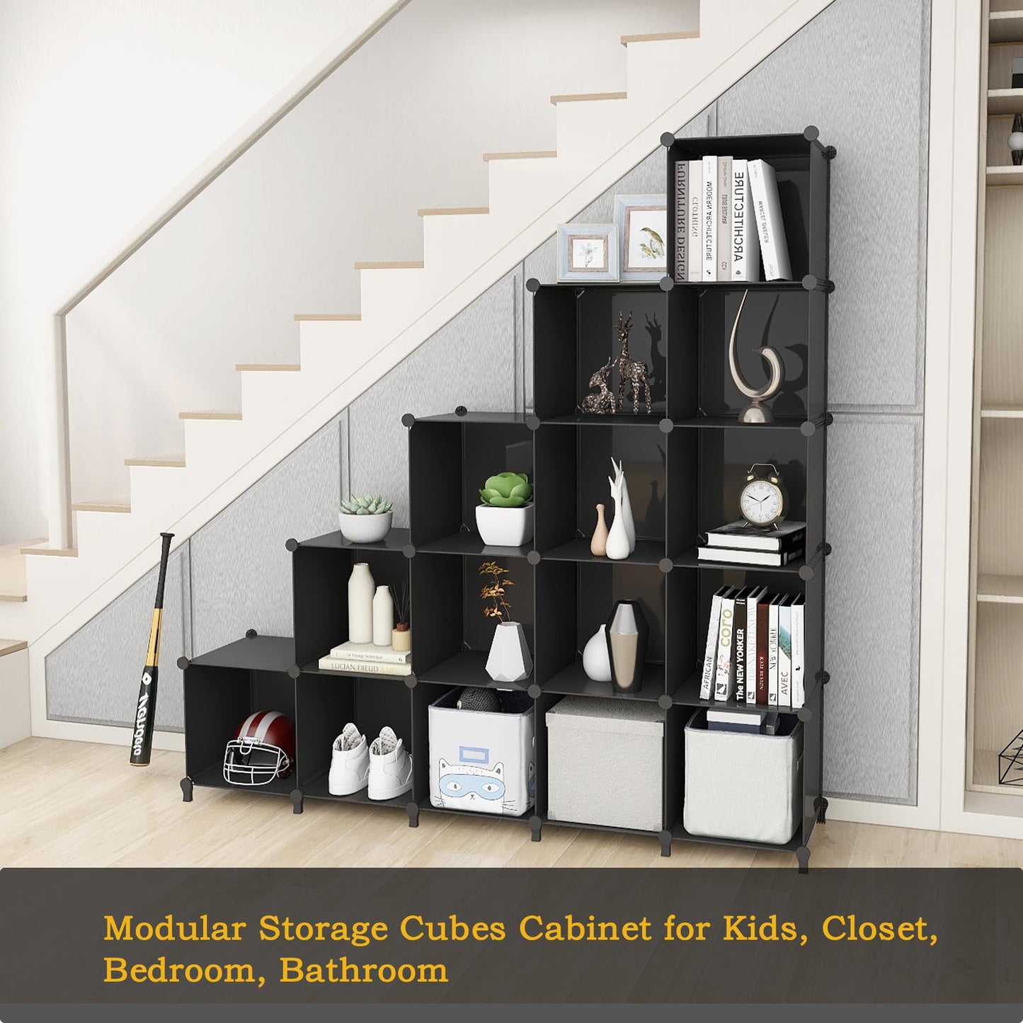 Lxvckly Cube Storage Organizer, DIY Portable 16-Cube Closet Clothes Organizer and Storage Shelving, Modular Home Office Shelves Units for Living Room, Bedroom, Bathroom, Closet Black