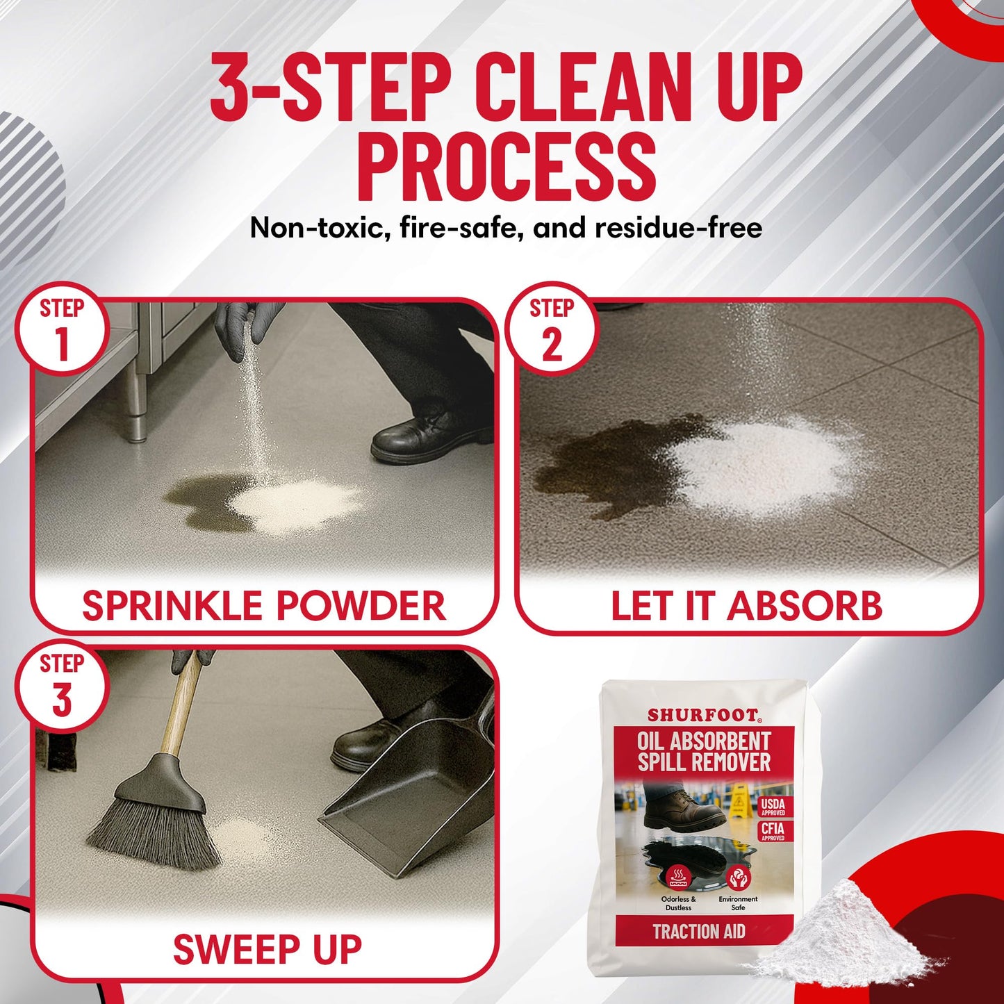 Shurfoot 3lb Non-Slip Oil Absorbent – High-Traction, Vapor-Suppressing Spill Control for Ice, Water & Oils – USDA Approved Floor Dry Absorbent – Odorless, Dustles, Fire-Safe – Ideal for Industrial