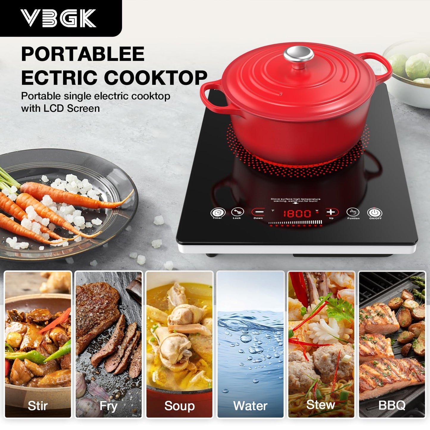 VBGK Single Burner Electric Cooktop,110V 1800W Electric Stove Top with LED Touch Control,Single burner 9 Power Levels, 4 h Timer, Safety Lock,Overheat protection
