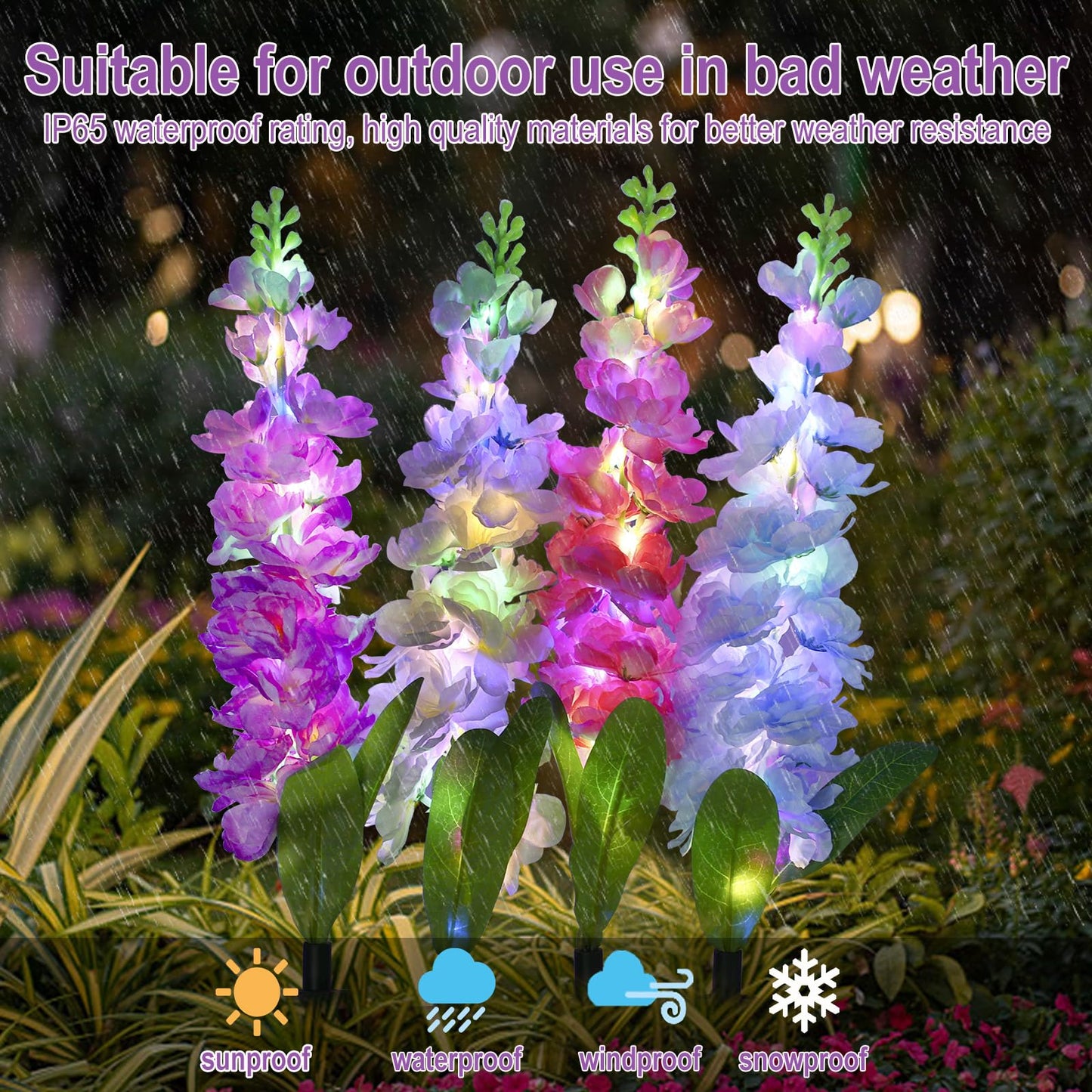 MRHEPHAESTUS Solar Garden Lights, Solar Delphinium Flowers Lights 4 Pack 80 LEDs, Waterproof Solar Outdoor Lights Two Lighting Modes for Wedding Party Garden Yard Patio Lawn Decor and Gift for Mother