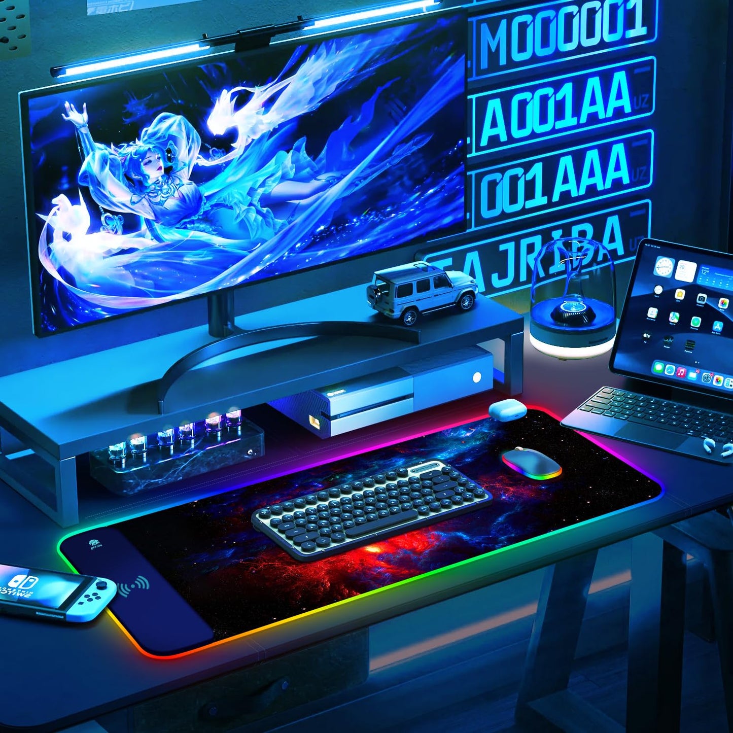 ToLuLu RGB Wireless Charging Gaming Mouse Pad, 7.5/10/15W 10 Light Modes LED Mouse Pad Computer Keyboard Mat Mousepad, 800x300x4MM Extended Large Desk Pad Desk Mat for Gamer, Red Blue Galaxy