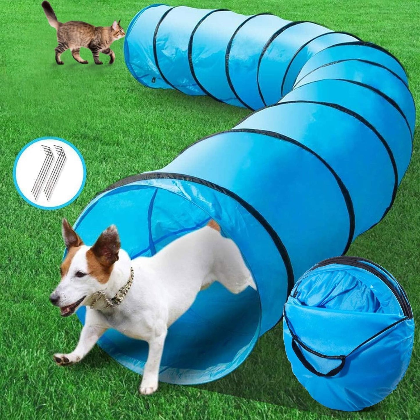 NBYTLT 16.2 FT Premium Dog Agility Tunnel with Bags, Outdoor Training Tunnel with 24" Wide Opening, Portable Dog Agility Equipment, Perfect for Most Sized Dogs, Blue