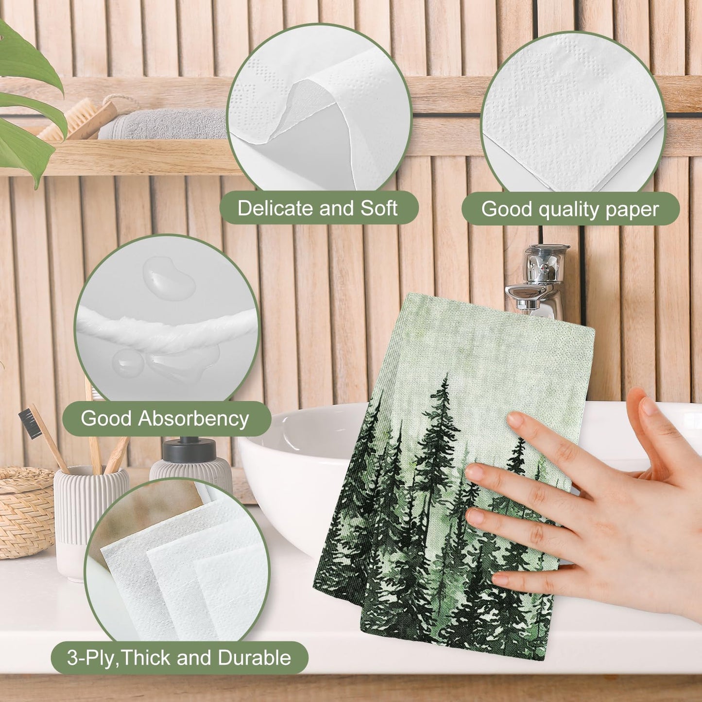 JarThenaAMCS 100Pcs Green Misty Forest Guest Napkin Woodland Disposable Paper Napkin Pine Tree Dinner Hand Towel Napkin for Home Kitchen Bathroom Holiday Party Supplies