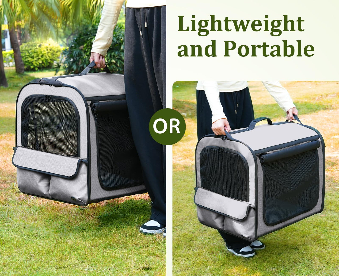 Pecute Expandable Dog Crate for Pets＜15kg, Pet Carrier Stable and Light Weight, Soft Dog Crate with Breathable Windows, Portable Dog Carrier with Curtain 61×45×52cm (Gray)
