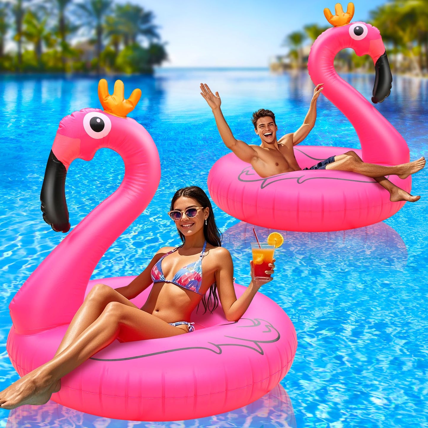 ZQJKLE Flamingo Inflatable Pool Floats, 42" Pink Flamingo Swim Tube Rings, Large Pool Beach Floats for Adults, Blow up Floaties Water Floaties Pool Raft Lounger Lake 2PCS