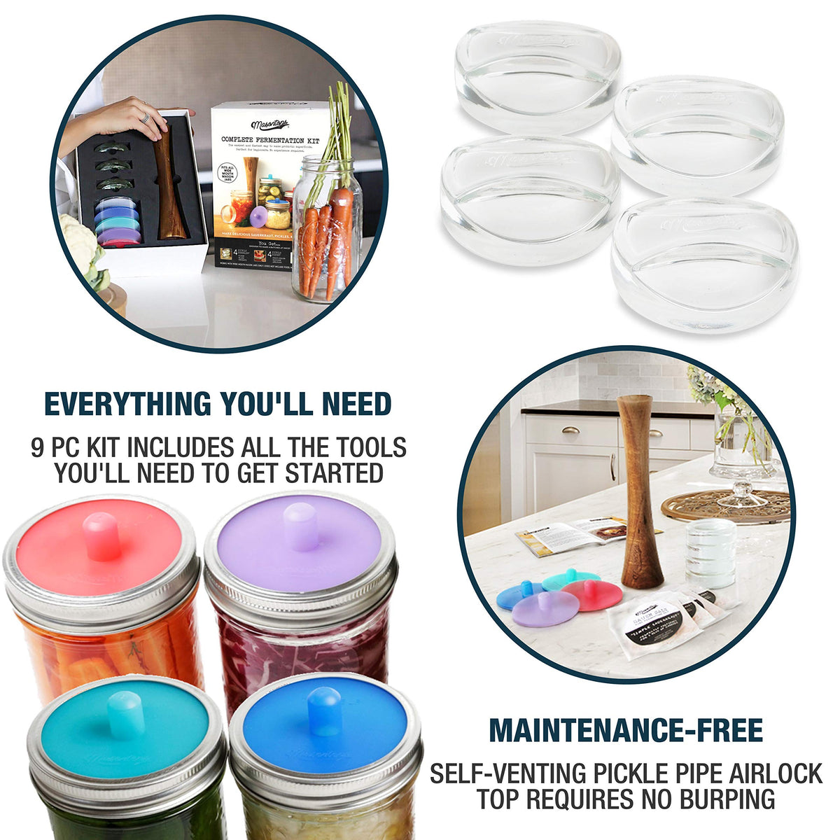Masontops Complete Mason Jar Fermentation Kit - Easy Wide Mouth Jars Vegetable Fermenting Set - DIY Equipment Essentials