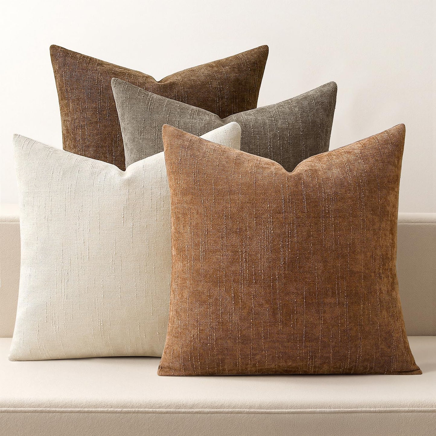 MIULEE Set of 4 Decorative Throw Pillow Covers Soft Couch Chenille Cushion Covers Farmhouse Accent Pillowcases for Sofa Bed Living Room Brown 18x18 Inch