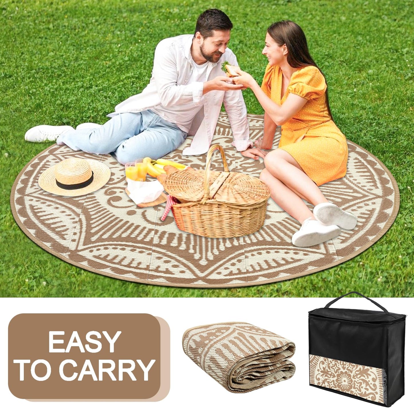 Capslpad 6'x6' Outdoor Rug for Patio Clearance Reversible Mats Round Portable Plastic Straw Carpet Waterproof Boho Indoor Outside Area Rugs for RV Camping Picnic Pool Tent Balcony Beach, Brown&Beige