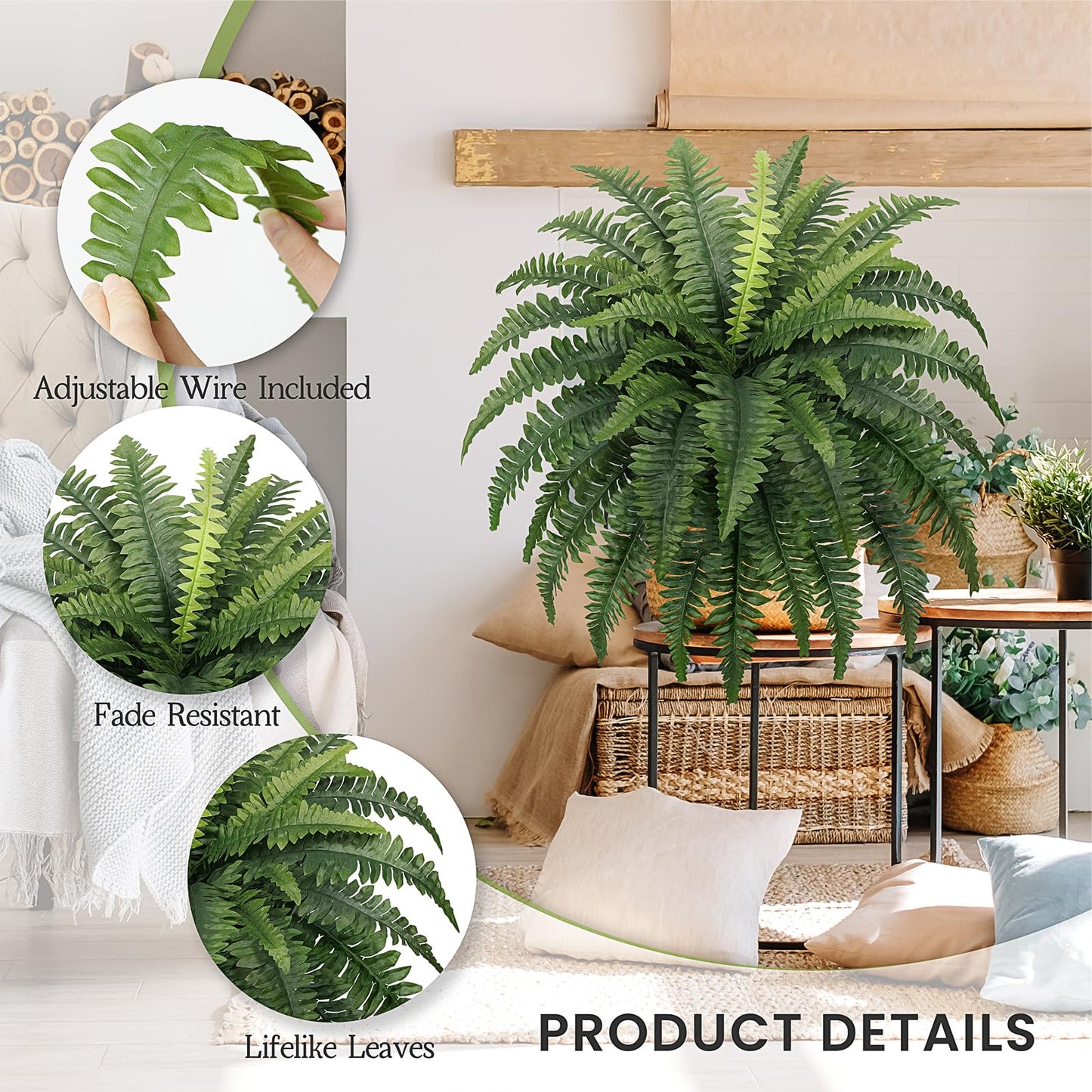 FOREST PRINCE Artificial Ferns, Set of 2 Bouquets 34" Fake Ferns with 39 Fronds for Decoraction Outdoors Garden Home