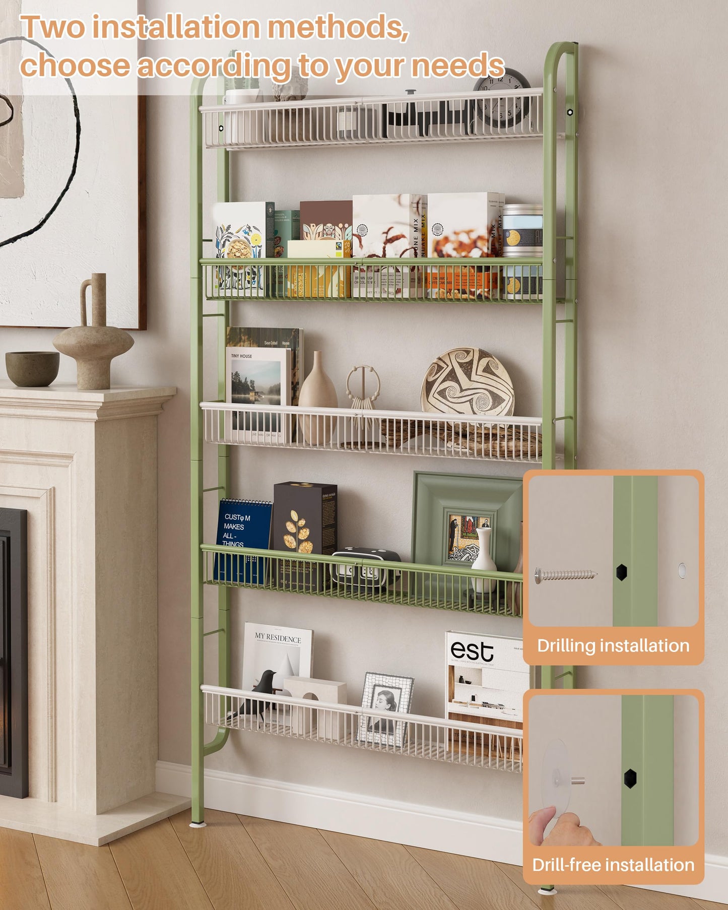 UMDONX Narrow Metal Storage Shelf Behind Door Organizer 5 Tier, Bookshelf Bookcase Book Rack Bathroom Shelving Unit Multifunctional (Green 82x9x160cm)