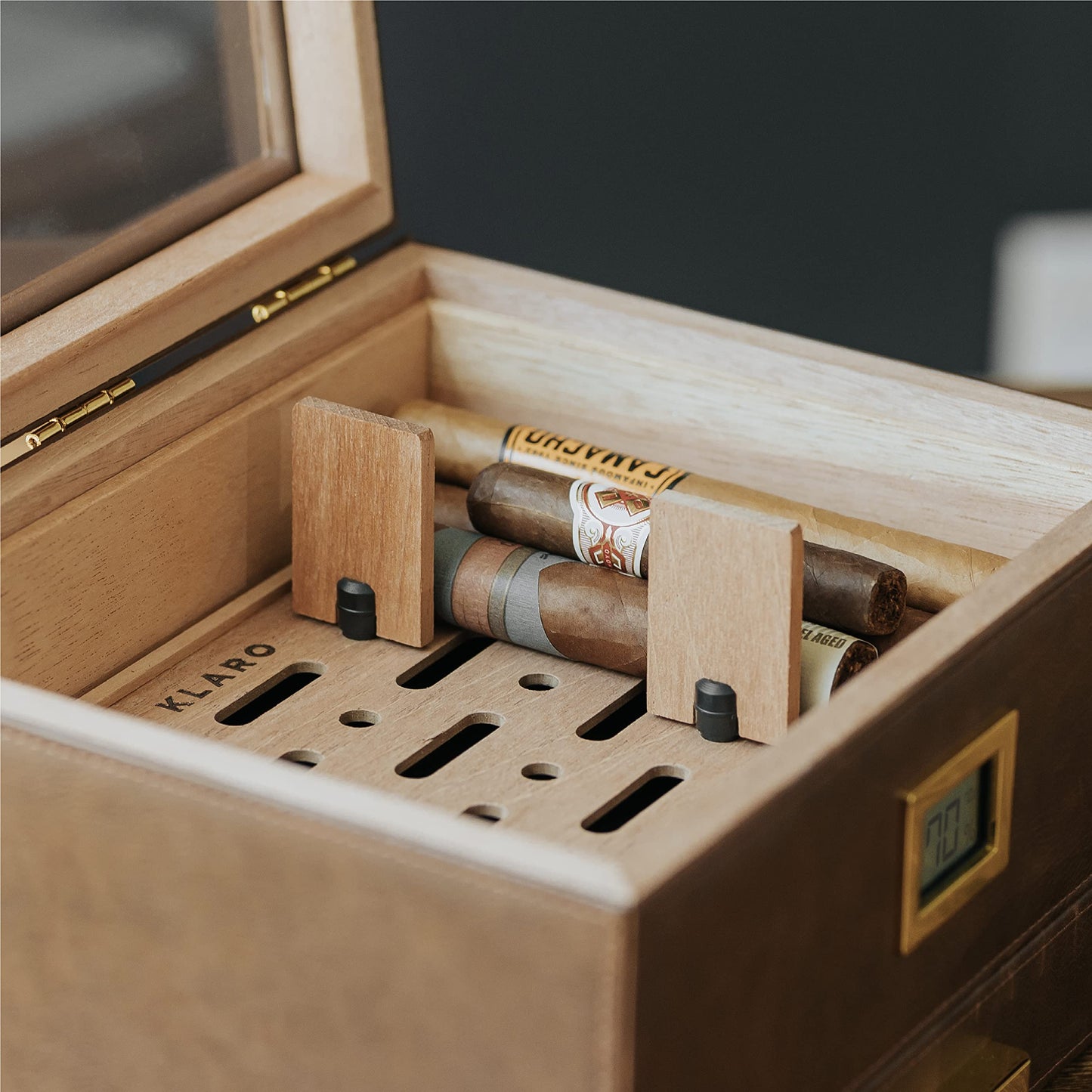 Belmont Glass Top Humidor Premium Vegan Leather, Front Digital Hygrometer, Spanish Cedar, Humidor Solution, Hydro System, and Accessory Drawer - Holds (30-60 Cigars) by CASE ELEGANCE