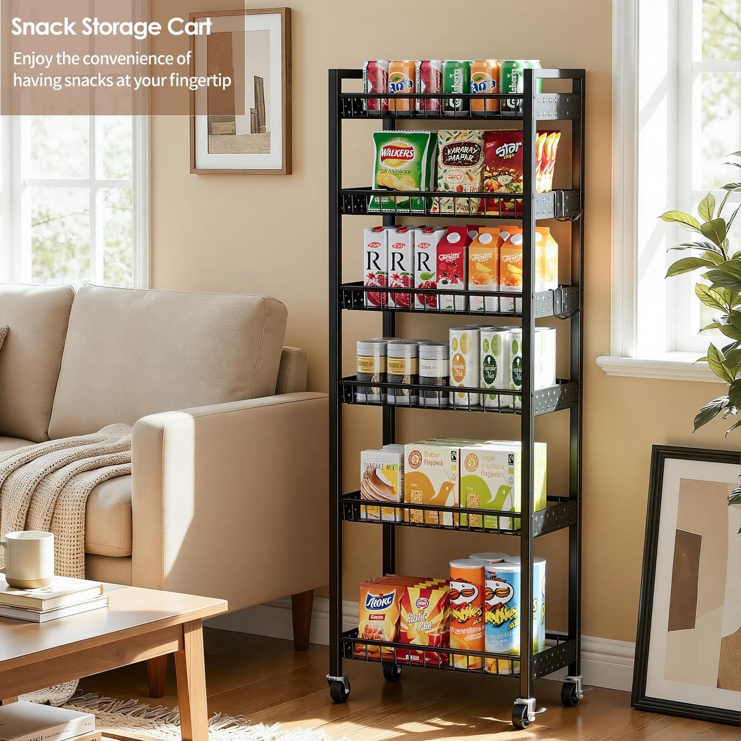 Kssiaz 6 Tier Slim Storage Cart, Narrow Rolling Cart with Wheels, Narrow Mobile Utility Shelf Unit Organizer for Kitchen, Bathroom, Laundry Room, Living Room, Small Places, 10in(W), Black