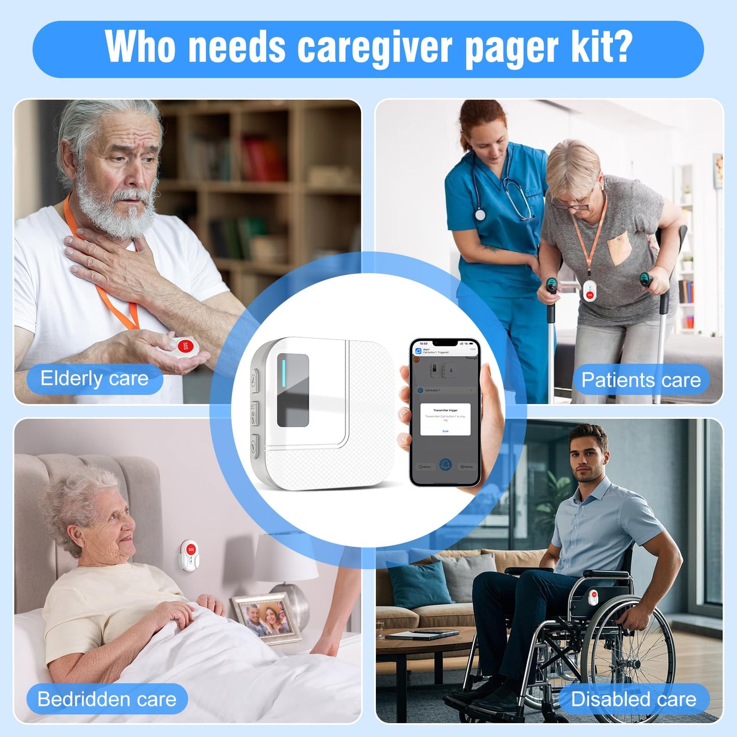 DAYTECH Wireless Caregiver Pager Emergency Button for Seniors WiFi Smart Caregiver Call Button Panic Alert System for Elderly, 1 Receiver 3 Panic Buttons