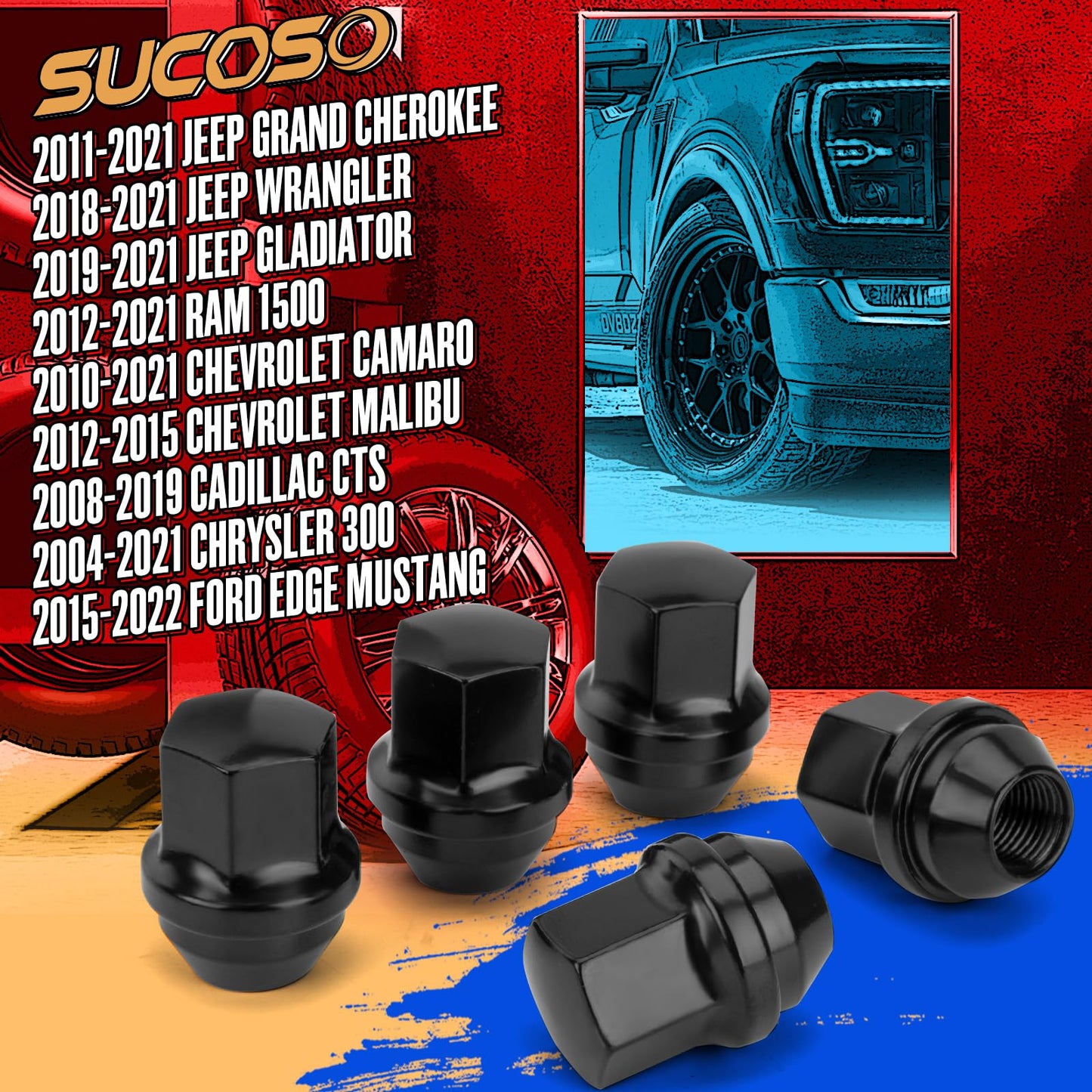 14x1.5 OEM Factory Style Large Acorn Seat Wheel Lug Nuts, 20 PCS M14x1.5 Closed End One-Piece Lugnuts for Grand Cherokee/Wrangler/Mustang/Camaro/RAM 1500