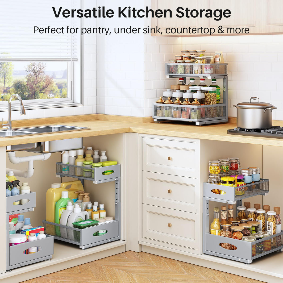 Under Sink Organizer, 2 Pack 2 Tier Pull Out Under Cabinet Organizer Shelf with Pad for Framed Cabinets, Metal Slide Out Under Sink Storage, Mesh Sliding Drawers for Kitchen Bathroom Laundry, Grey