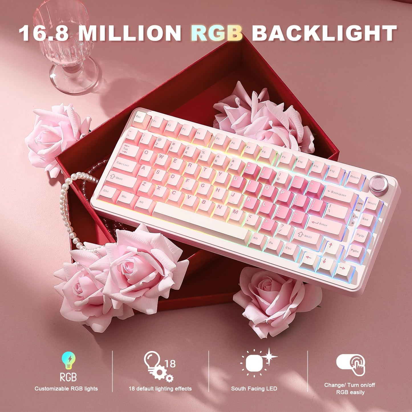 YUNZII B75 PRO Wireless Mechanical Keyboard,75% Layout with Knob,Hot Swap Gasket Custom Structure,Creamy Pre-lubed Switches,RGB Backlit,Bluetooth/Type-C/2.4G for Win/Mac (Pink, Milk Switch)