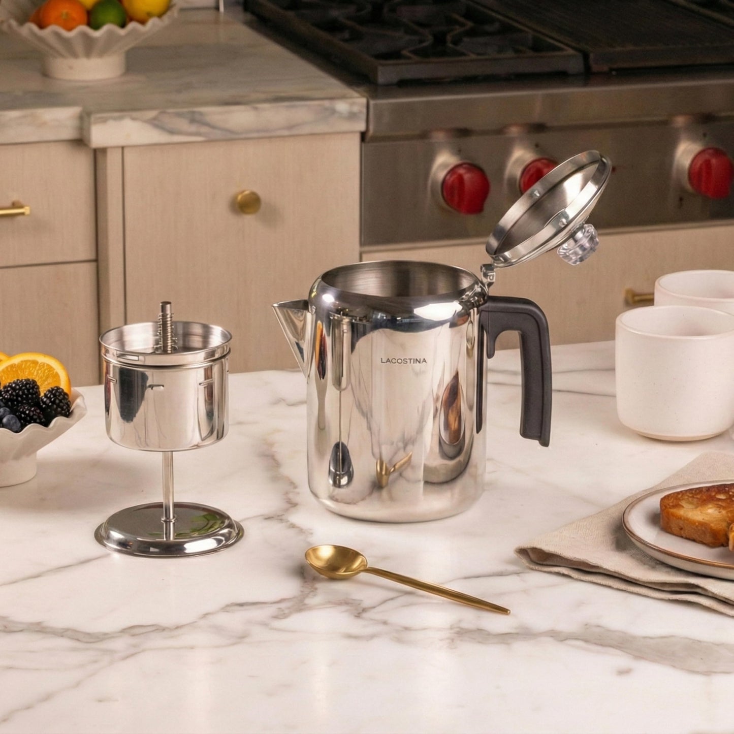 Lagostina Stainless Steel Coffee Percolator, 8-Cup Stovetop Coffee Maker, Durable 18/10 Stainless Steel, Permanent Mesh Filter, Drip-Free Spout, silver