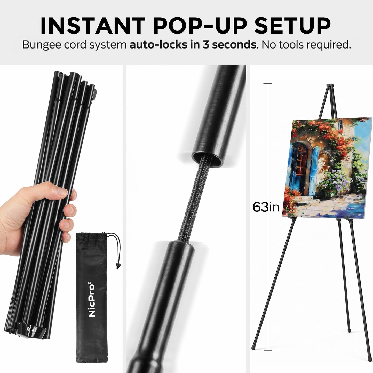 Nicpro Folding Easels for Display, 2 Pack 63 Inch Metal Floor Easel Stand Tripod Black Portable for Artist Poster Wedding with Carry Bag