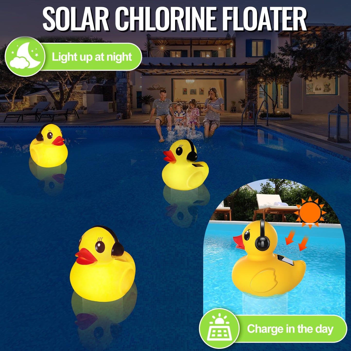 Pool Chlorine Floater with Light,Duck Chlorine Floaters with Adjustable Flow,Solar Chlorine Floater with Large Capacity,Collapsible Floating Chlorine Dispenser for Pool,Hot Tub Chlorine Floater