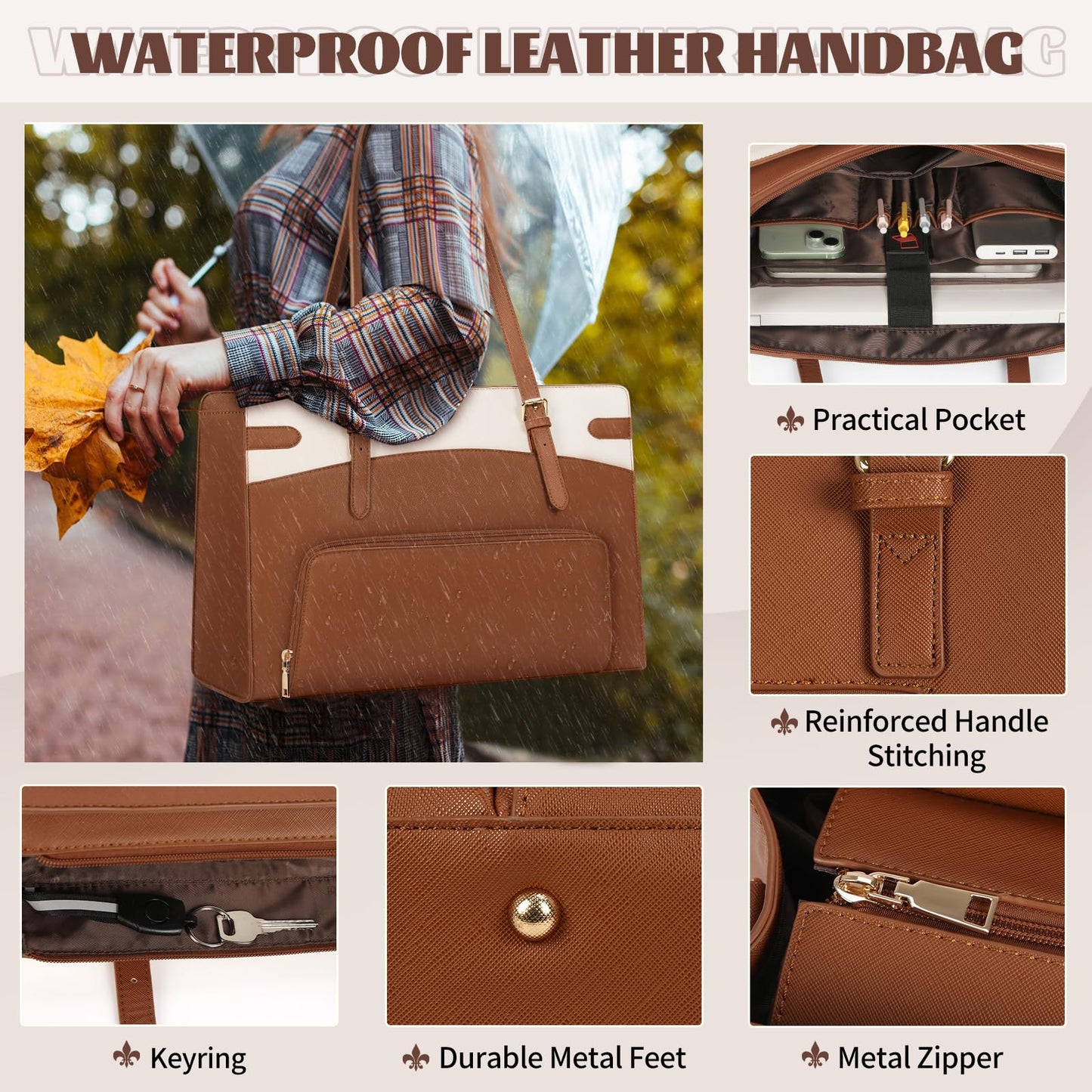 RAINSMORE Laptop Bags for Women with Lunch Compartment,Large Work Bag Women 15.6 inch Laptop Tote Bags for Women PU Leather Laptop Purse,Brown