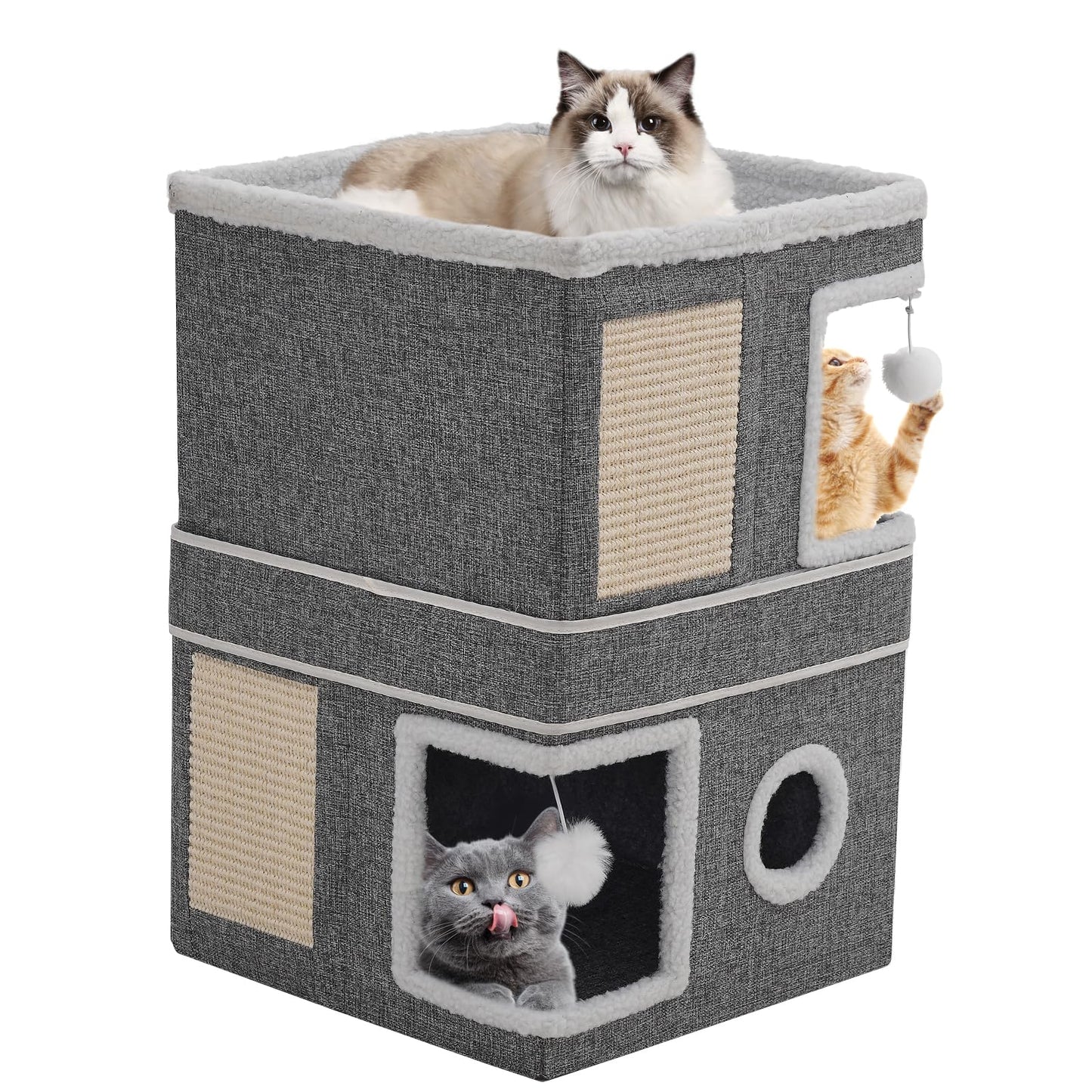 3 Storey Cat House for Indoor Cats Cube Condo, Stackable Cat Cave Beds & Furniture with Scratch Pad and Peephole, Cute Modern Cat Condo for Multi Small Medium Pet Kitten Puppy