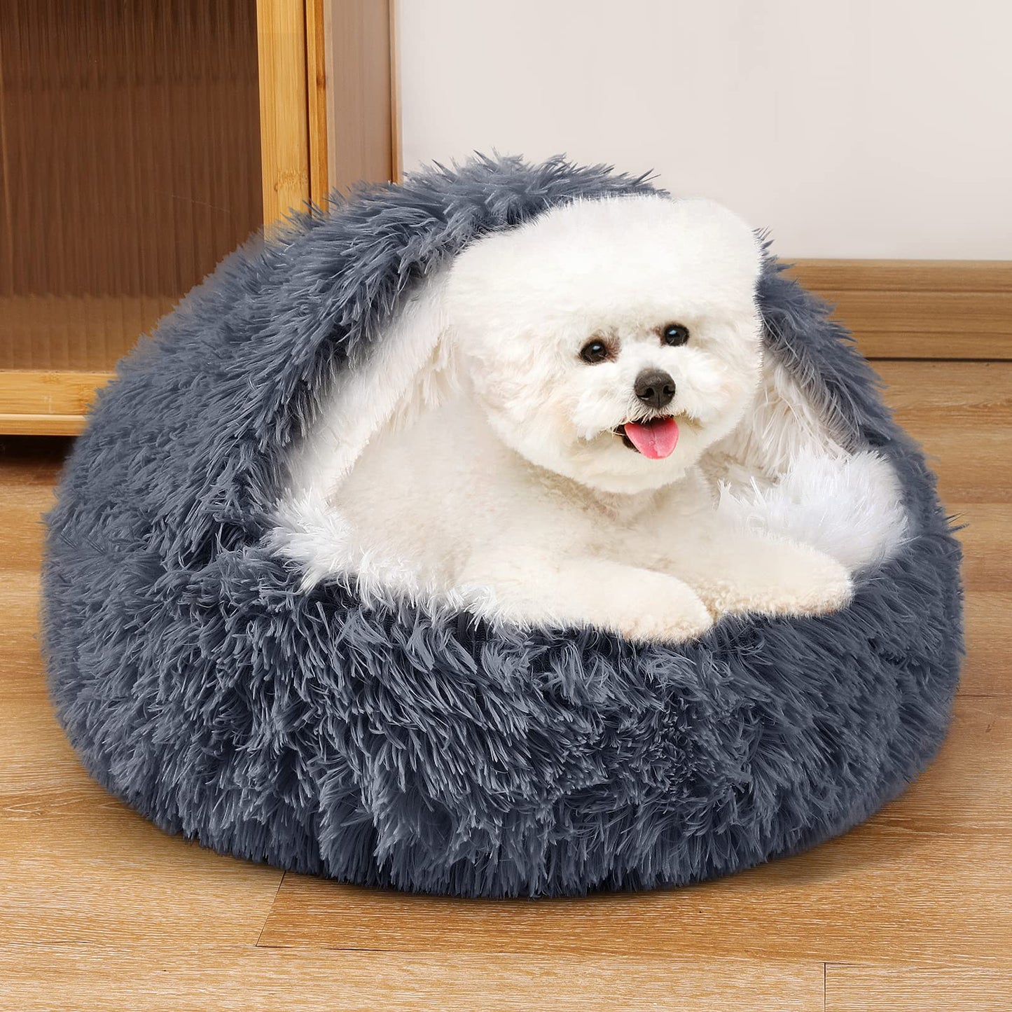 NOYAL Dog Bed Round Hooded Plush Cat Cave Donut Anti Anxiety Fluffy Dog Bed for Small Medium Dog and Cat