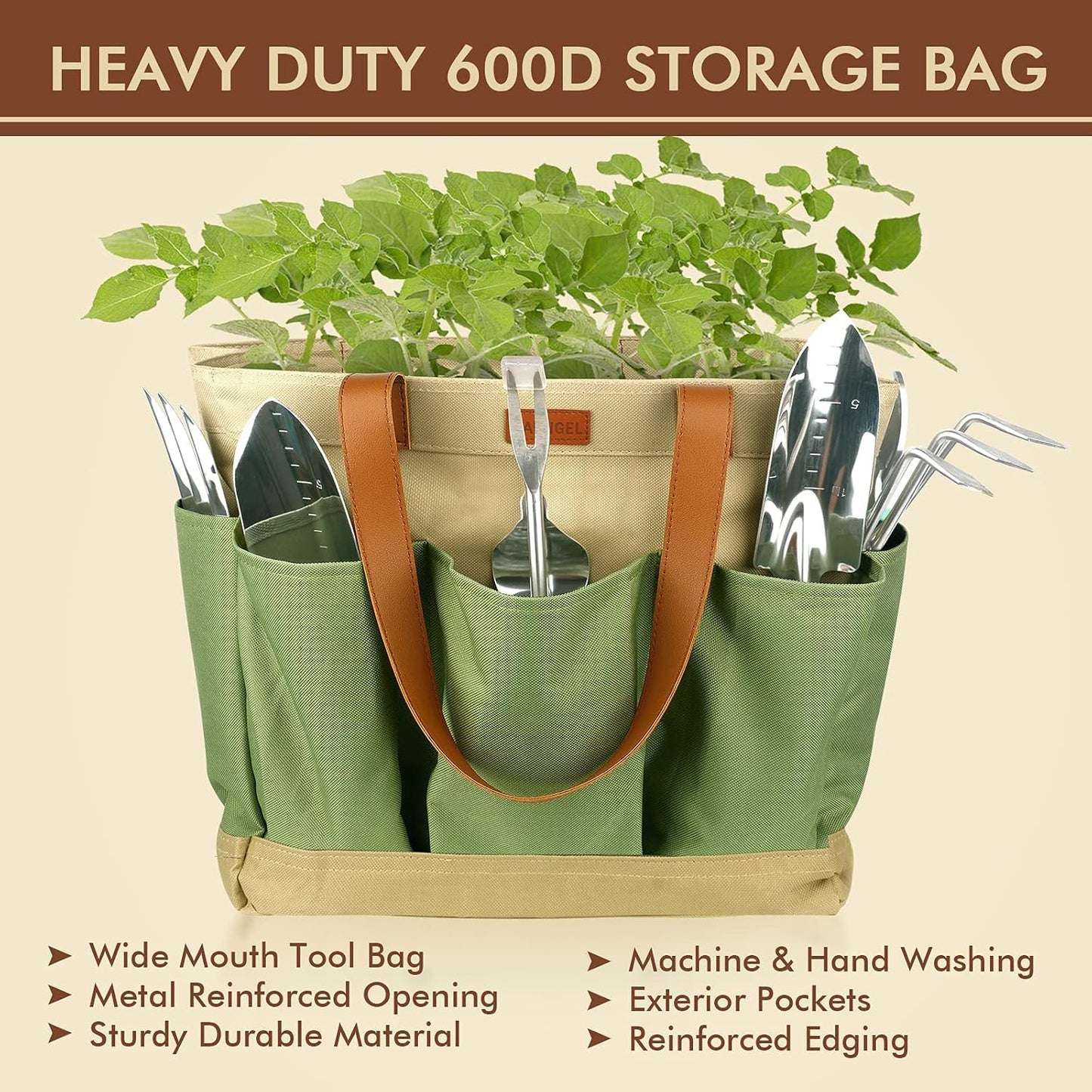 YAUNGEL Garden Tools Set, 10 Piece Heavy Duty Stainless Steel Gardening Tools with Non-Slip Wood Handle, Tote Bag, Gloves, Trowel, Kneel, Weeder Tools - Garden Gifts Packing for Women Men