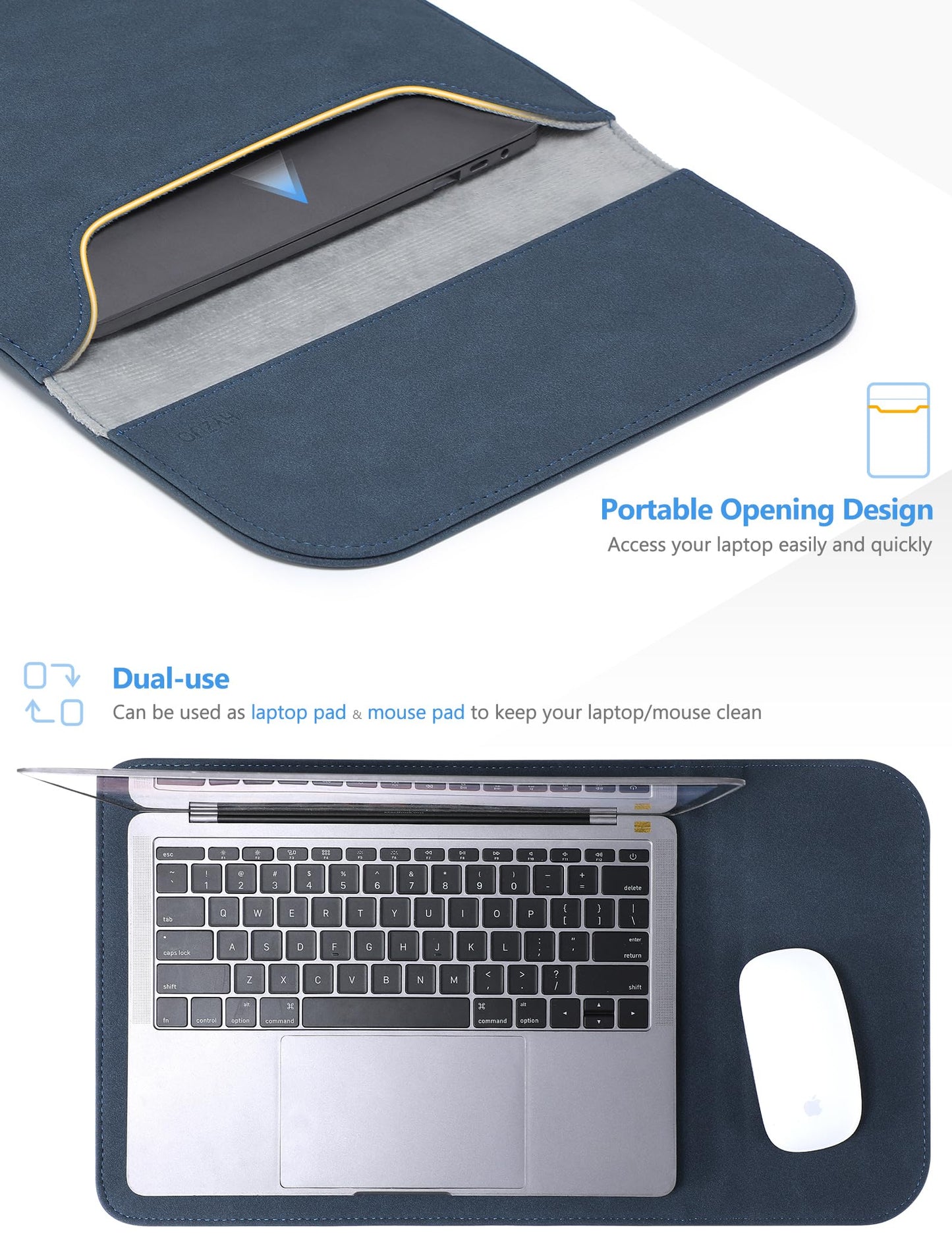 HYZUO 13.3-14 Inch Laptop Sleeve Case for MacBook Pro 14 M5/M4/M3/M2/M1 Pro/Max A3426 A3427 2026-2021, 13.3" MacBook Air/Pro, 13.5-13.8 Surface Laptop, HP Envy 13, Faux Suede Leather, Navy Blue