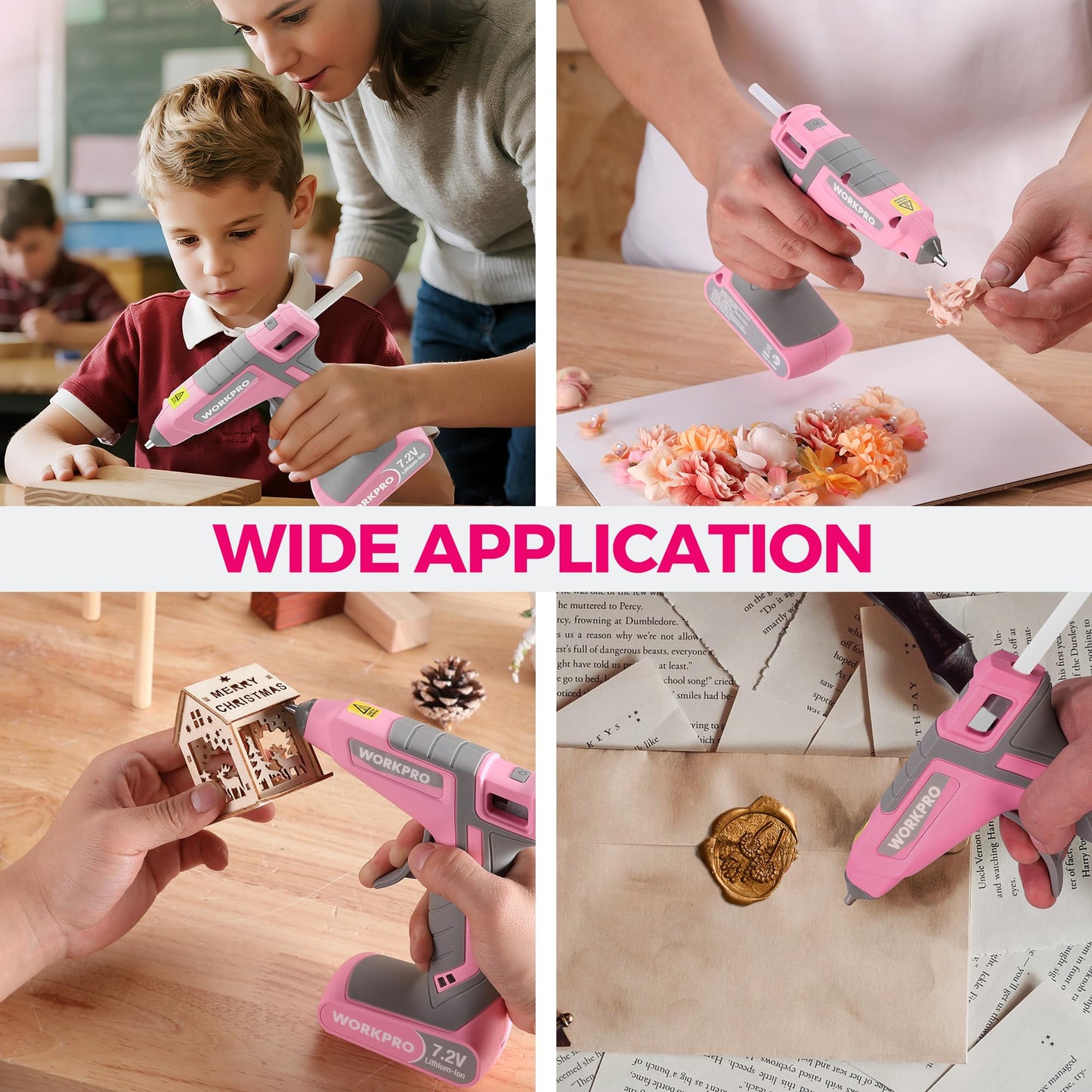WORKPRO Pink Cordless Hot Melt Glue Gun, 7.2V Rechargeable Fast Preheating Glue Gun Kit with 20 Pcs Premium Mini Glue Stick, Use While Charging, Automatic-Power-Off Glue Gun for Art, Craft, Decoration