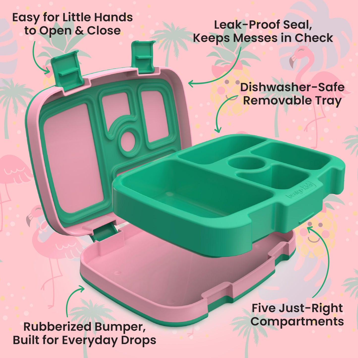 Bentgo Kids Prints Leak-Proof, 5-Compartment Bento-Style Kids Lunch Box - Ideal Portion Sizes for Ages 3 to 7 - BPA-Free, Dishwasher Safe, Food-Safe Materials (Tropical)