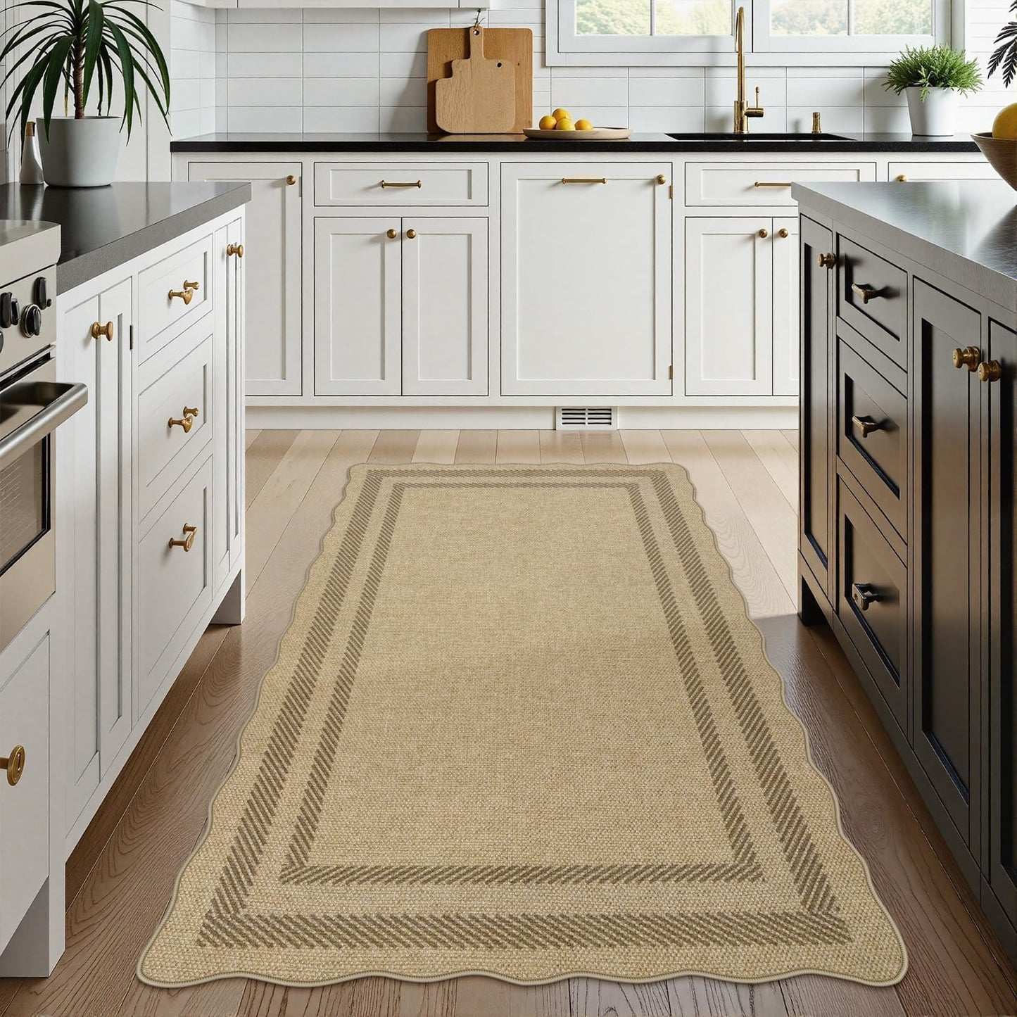 LIVEBOX Farmhouse Washable 3x5 Kitchen Rug, Easy Jute Geometri Tan Rugs for Entryway, Indoor Outdoor Scalloped Rug Boho Morden Carpet Door Mat Area Rug for Bedroom Laundry Room Hallway