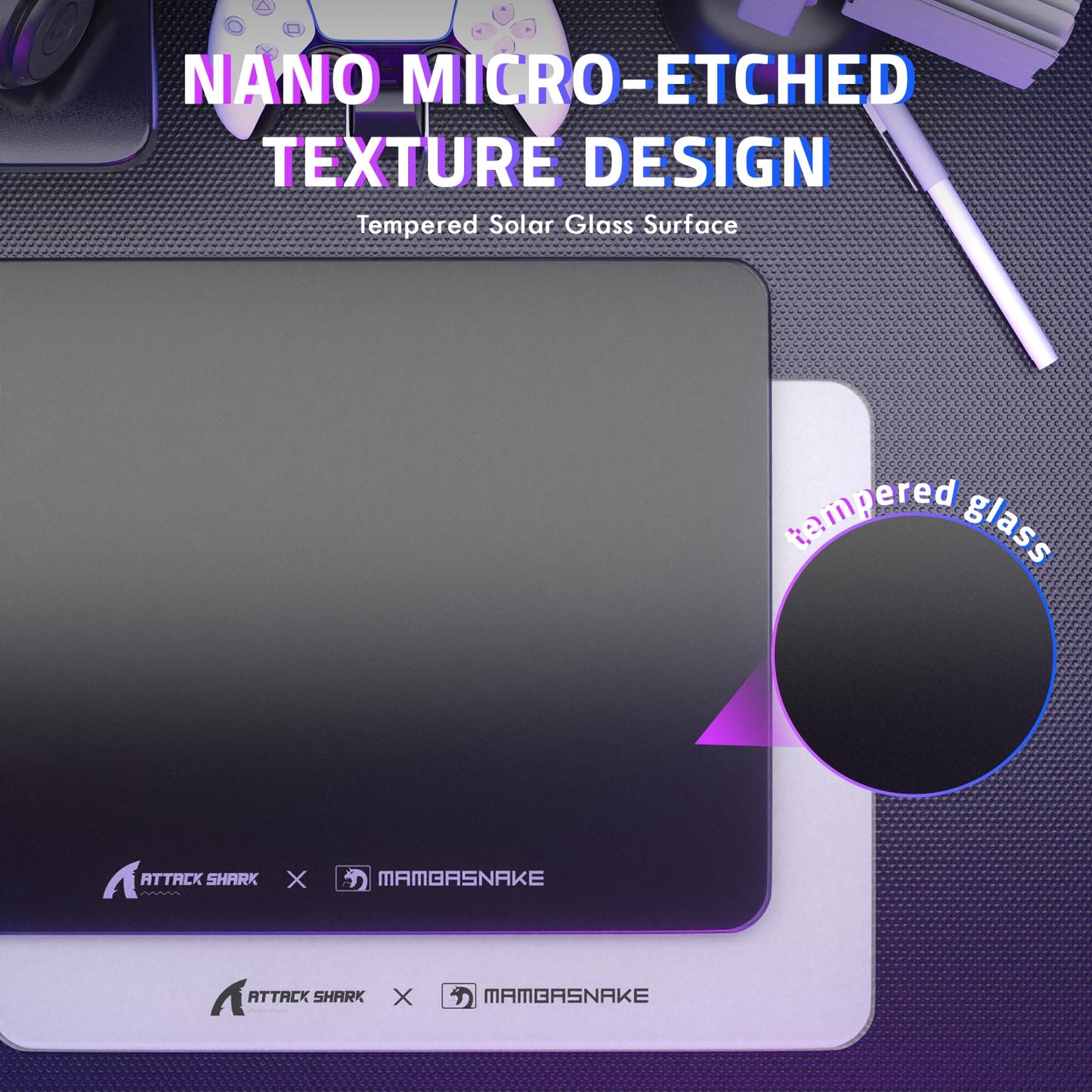 Attack Shark CM05SE Glass Gaming Mousepad,Nano-Micro-Etched Texture,Smooth Glass Surface,High Accuracy,Fast-Moving,Anti-Scratch, PU Leather Super Non-Slip Base,Small Size(410×310mm),Black