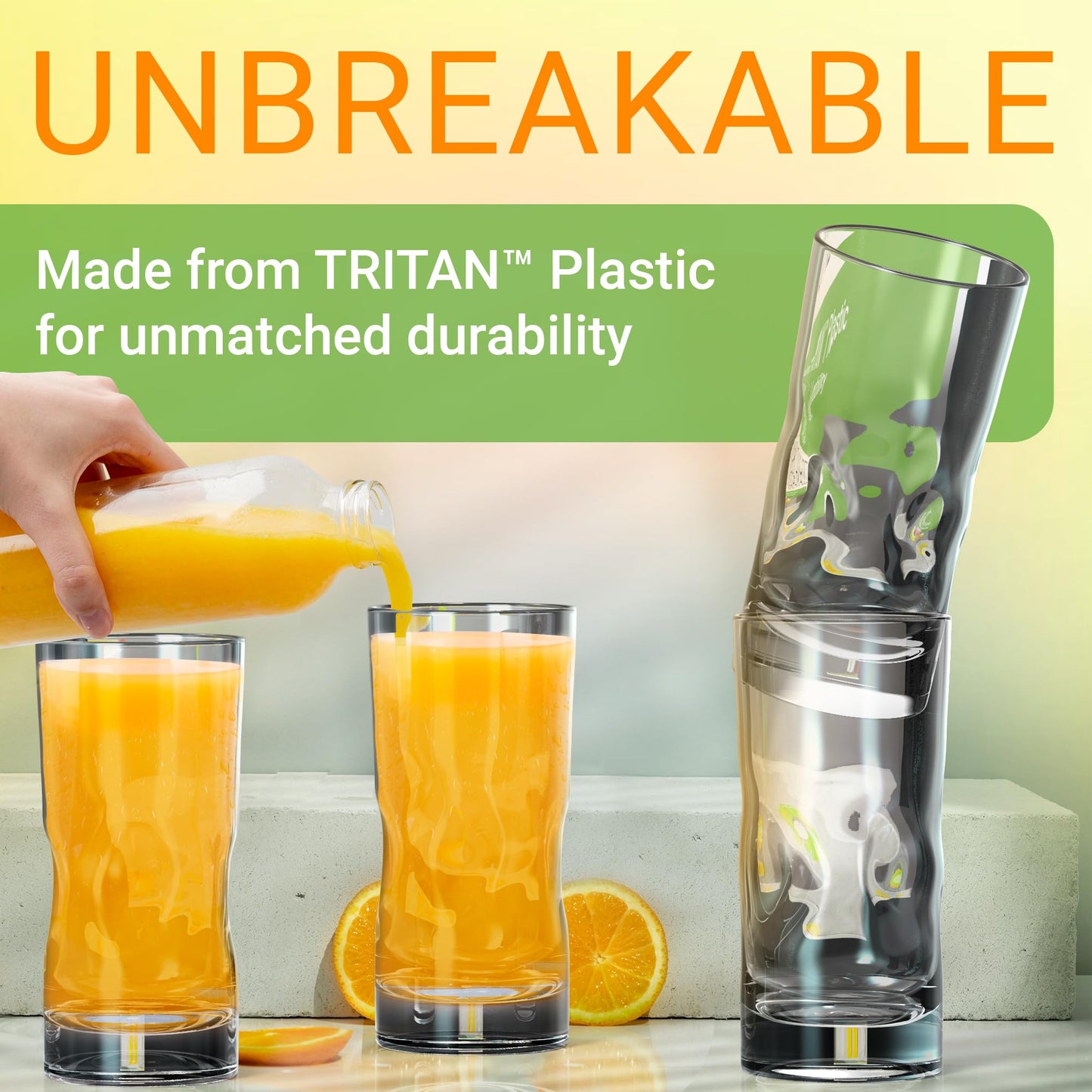 Bravario Unbreakable Plastic Drinking Glasses Set of 4 - Shatterproof Plastic Tumblers, Tritan Clear Cups, BPA Free Reusable Water Glasses, Dishwasher Safe Highball Drinkware, 17 oz