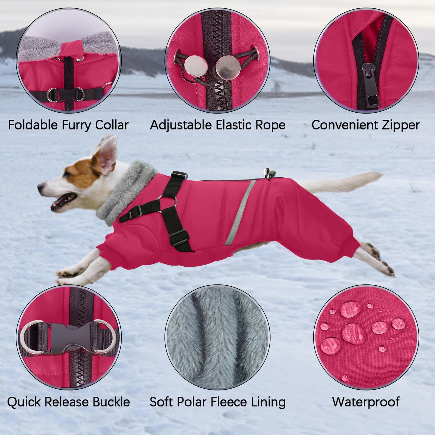 BRKURLEG Dog Winter Coat with Harness Built in, Winter Dog Jackets for Small and Medium Dogs, Small Dogs Snowsuit Reflective Windproof Cold Weather Pet Coats, Puppy Warm Fleece Coat, Hot Pink, M