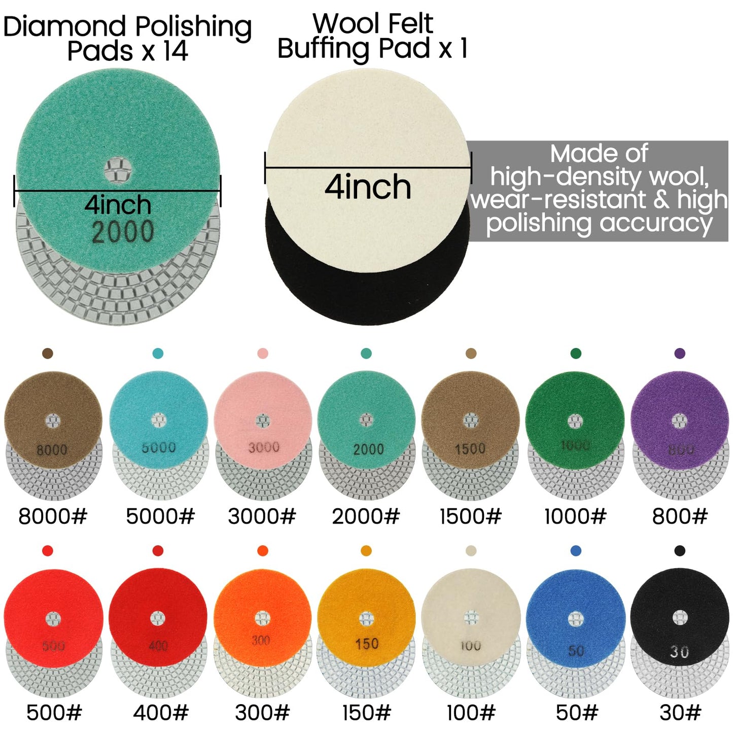 4 Inch Diamond Polishing Pads with 5/8"-11 Backer Pad,16 Pack Wet/Dry Polish Pad Kit for Drill, Grinder, Polisher,30-8000 Grit Pads for Granite Marble Concrete Stone Quartz