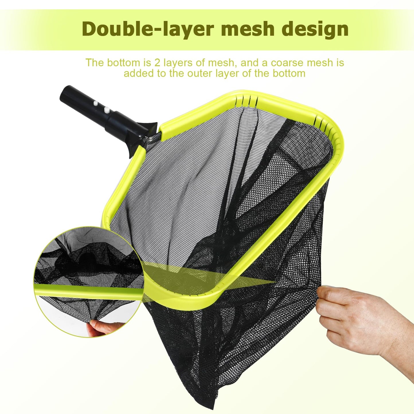 Pool Skimmer Net, 17.5" Pool Net with Double-Layer Netting Bag, Aluminum Frame, Deep Nylon Net, Large Capacity Pool Cleaning Net, Leaf Skimmer Rake Net for Above Ground & In-ground Pools (No Pole)