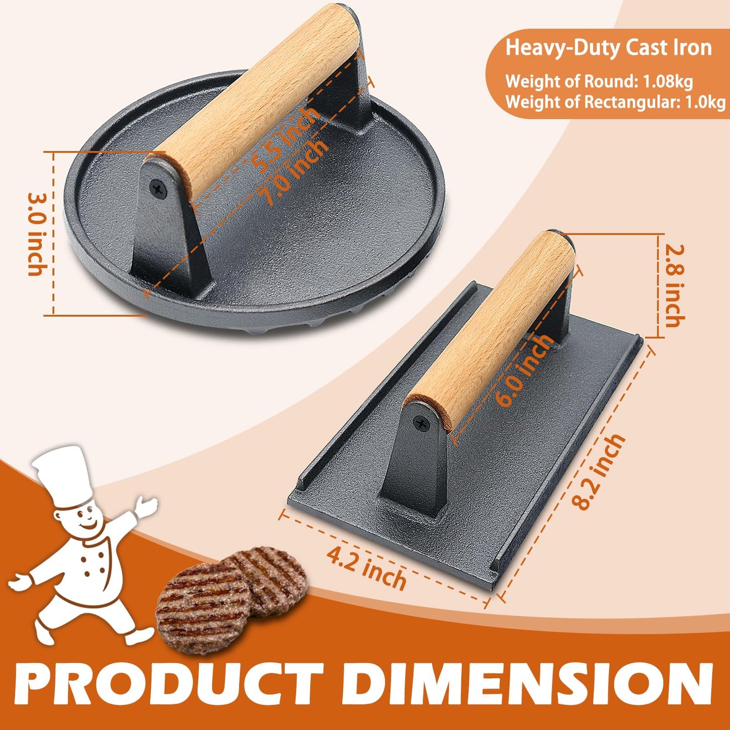 Smash Burger Press, Heavy-Duty Cast Iron Meat Press Hamburger Press with Heat Resistant Wooden Handle Hamburger Patty Maker Grill Bacon Sandwich Press Kit, 7" Round & 8.2"X4.3" Rectangle