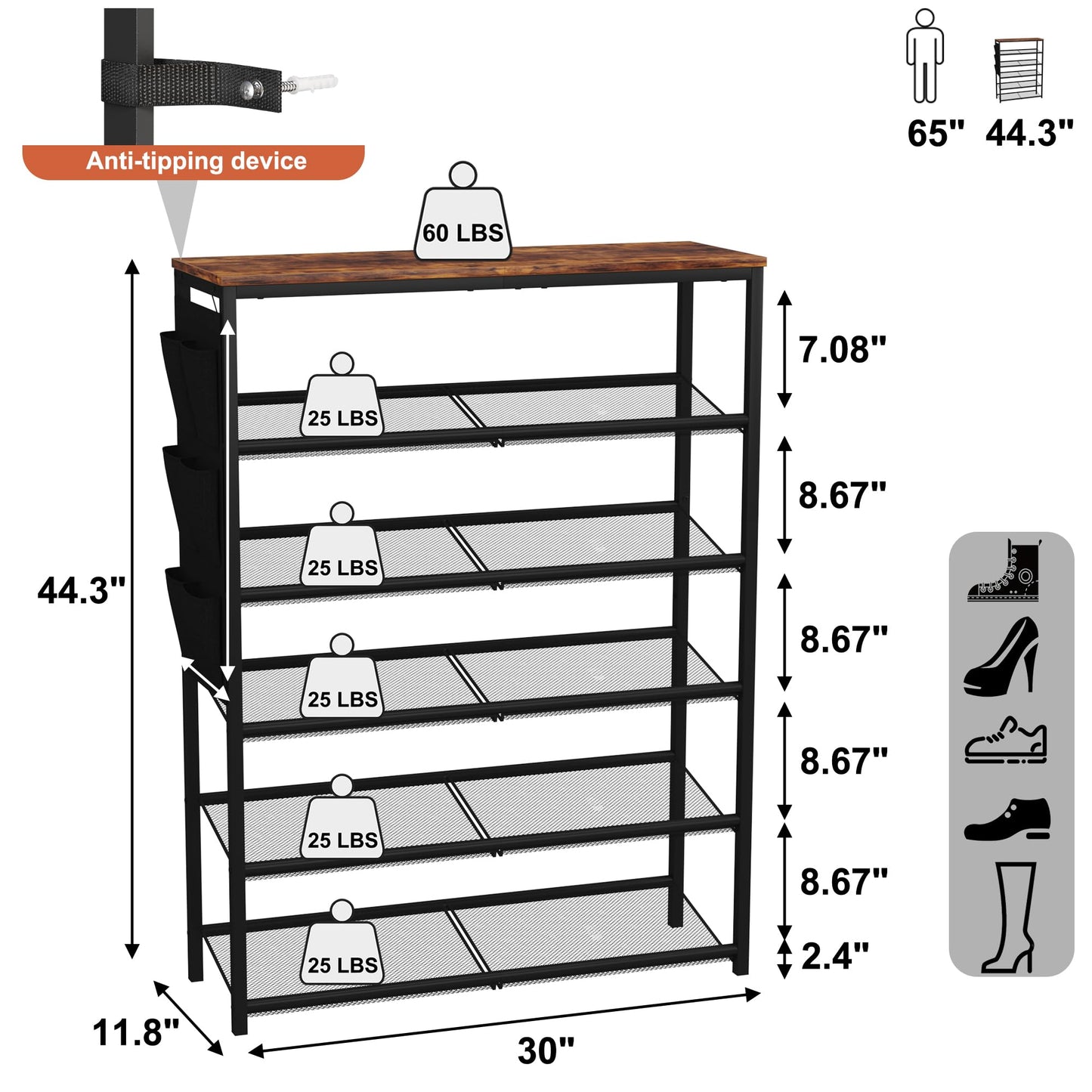 HOMEFORT Shoe Rack for Entryway,30" Metal 6 Tiers Shoe Shelf, Shoe Closet with Adjustable Mesh Shelves, Shoe Storage Organizer for 18-24 Pairs, Industrial Boot Stand with Side Pocket, Rustic Brown