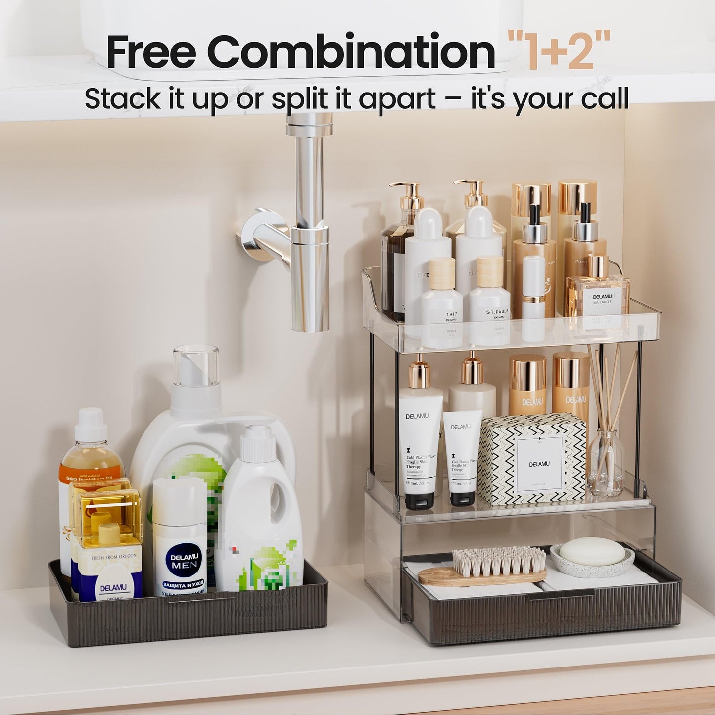 Delamu 2-Tier 2-Drawer Bathroom Counter Organizer, Multi-Purpose Makeup Organizer Countertop, Ideal for Bathroom Storage, Vanity, Large Skincare, Perfume, Present, and More, Black, 2-Drawer
