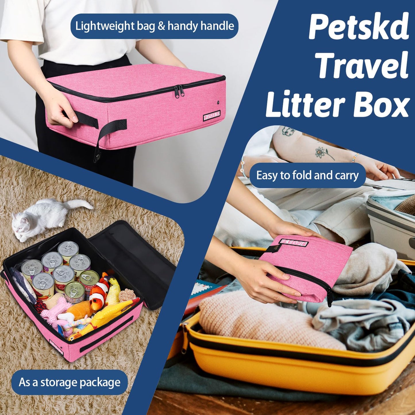 Petskd Portable Cat Travel Litter Box with Lid and 10 pcs Disposable Liner Bags, Leak-Proof and Collapsible, Cat Travel Essentials for Car, Hotel, Airplane and Other Outdoor Use(Pink)