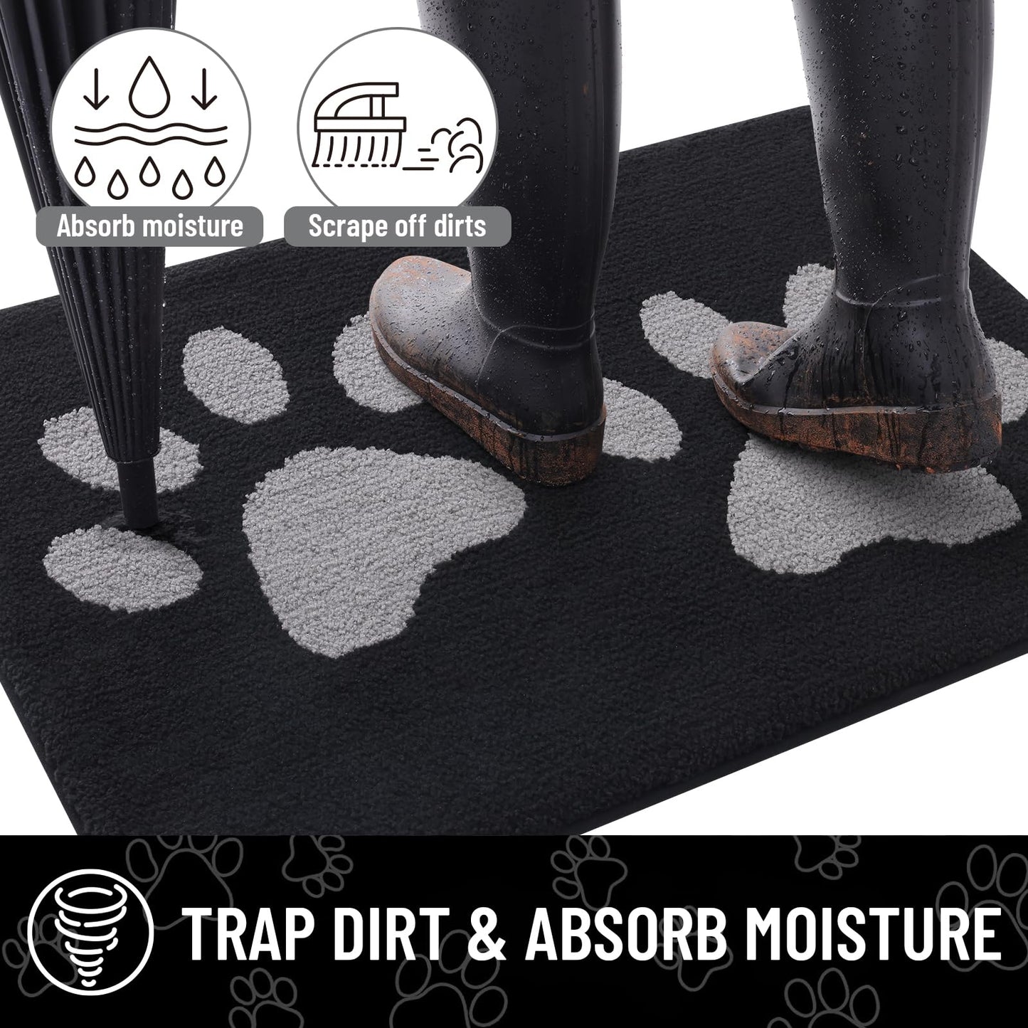 Arotive Indoor Door Mat, 24" x 59" Absorbent Dirt Resist Washable Front Back Door Mat, Non-Slip Low-Profile Dog Paws Entrance Doormat, Durable Inside Floor Mats for Entryway, Black