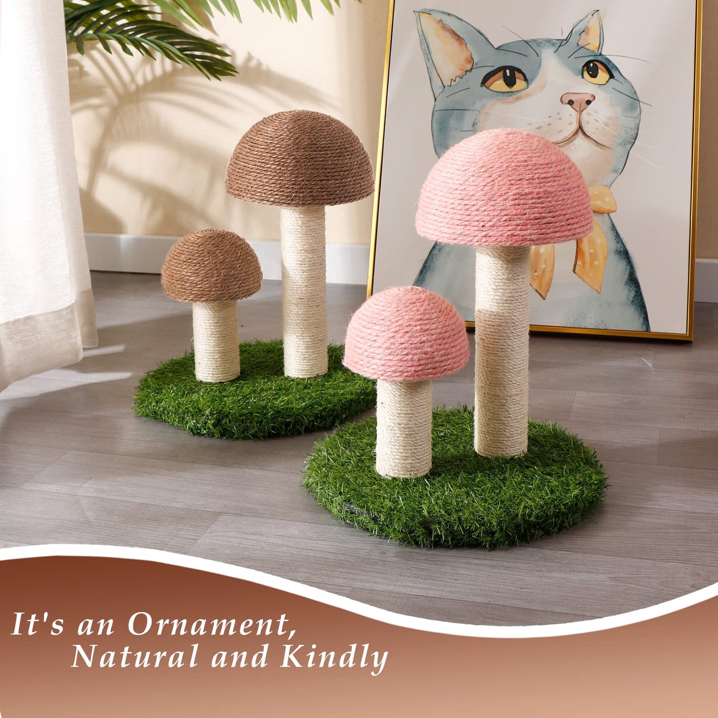 Lihaobm Cat Scratching Post - Mushroom Cat Scratcher Featuring with Natural Sisal Caps Scratch Pole and Sturdy Base for Kittens & Small Cats - Brown
