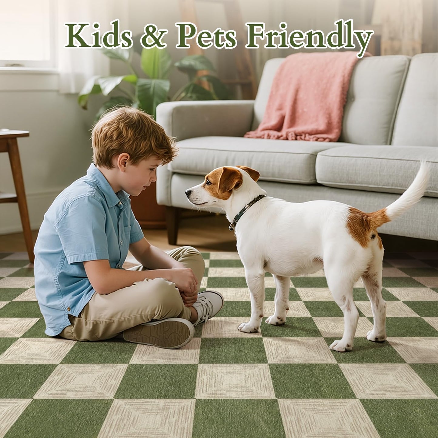 Kiginara Washable Green Checkered Rug 5x7, Non-Slip Low Pile Area Rug for Living Room, Bedroom, Nursery, Modern Neutral Farmhouse Checkerboard Carpet, Pet & Kid Friendly
