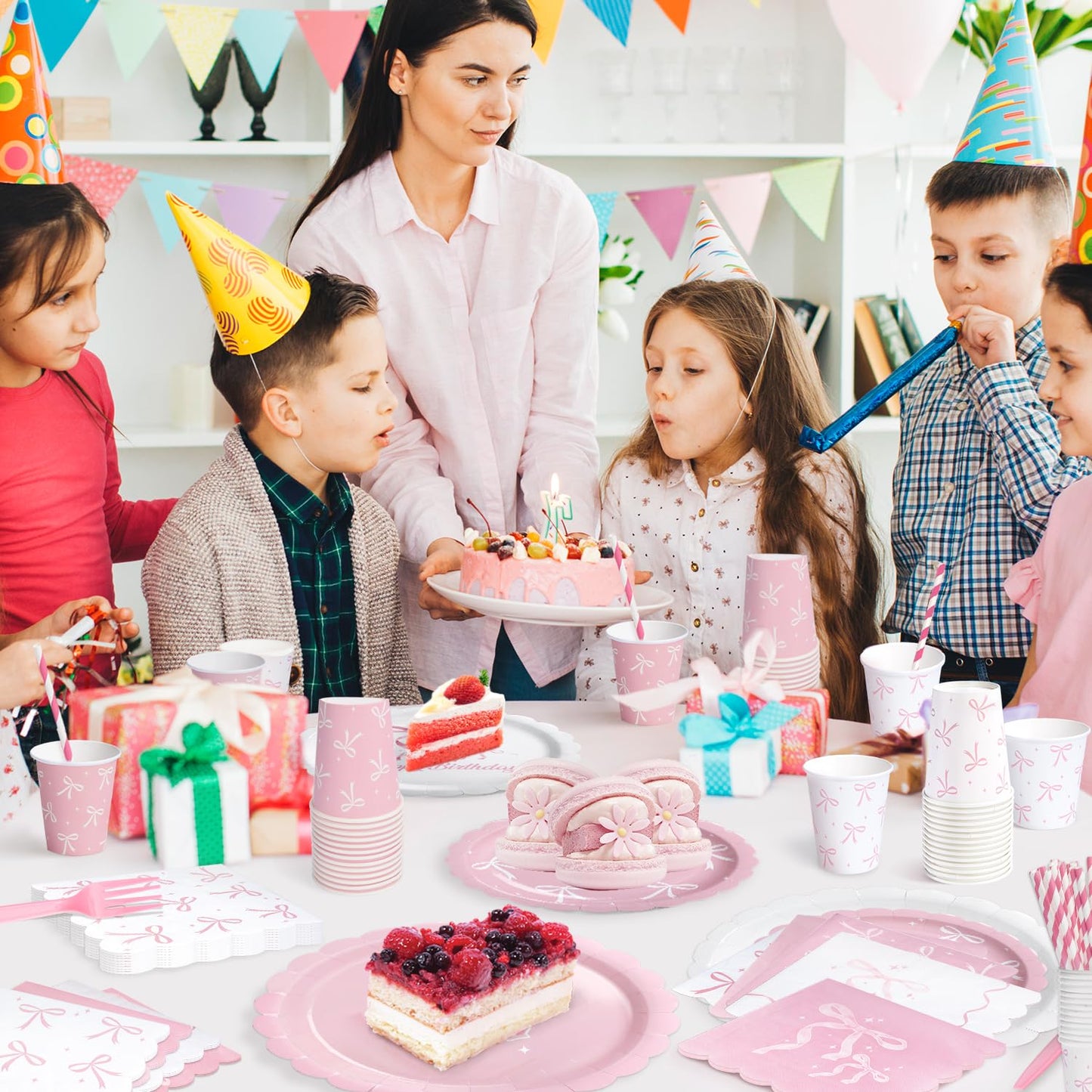 300 Pcs Pink Bow Plates, Cups, Napkins and Tableware Sets for Coquette Birthday Decorations, Pink Birthday Party Supplies Include Straws, Pink Birthday Decorations Which Can Serve 50