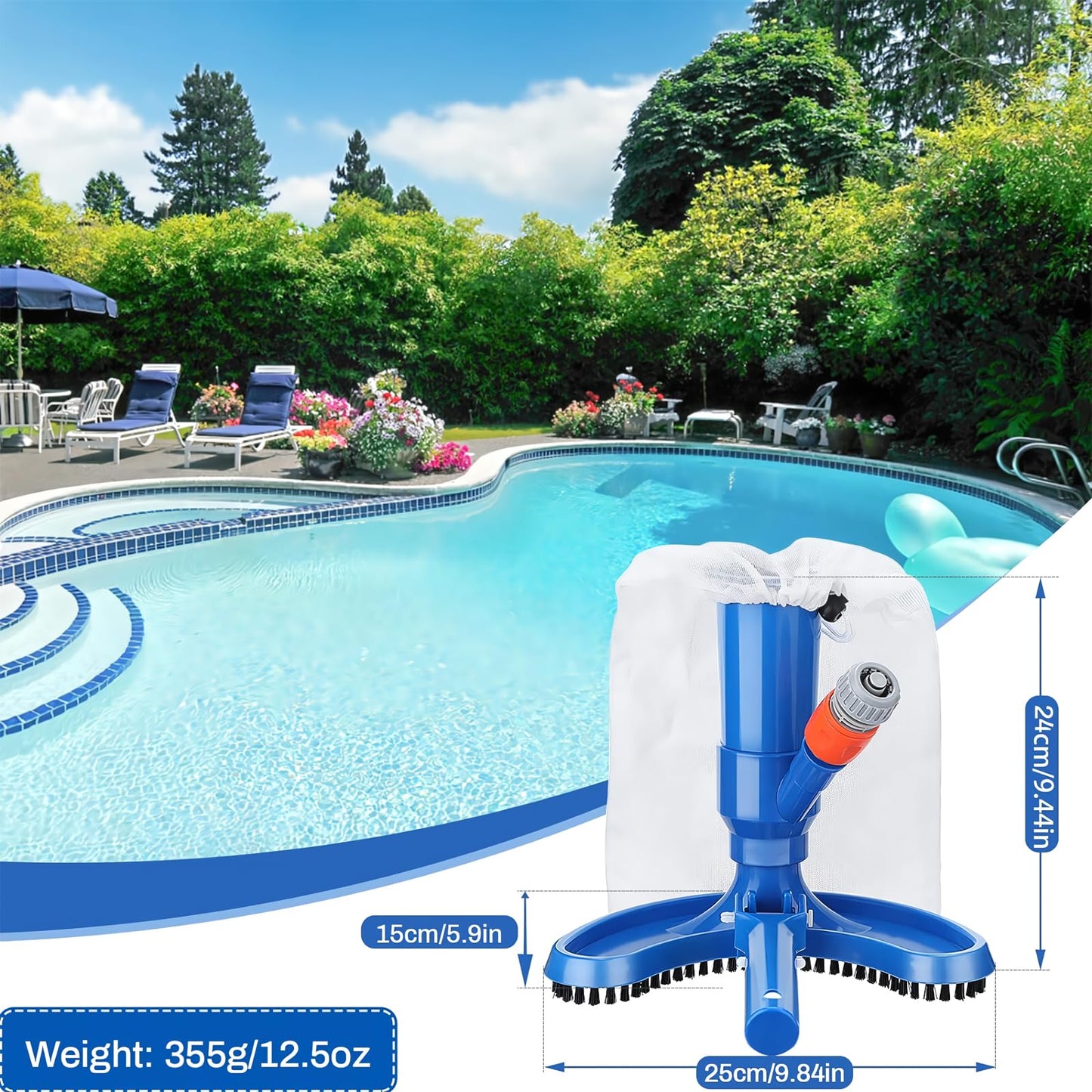 60" Portable Pool Vacuum Half Moon Jet Underwater Cleaner and Leaf Skimmer Net (No Garden Hose Included), 4 Section Pole of Hand Held Portable Pool Vacuum for Above Ground Pool, Spa, Ponds & Fountains