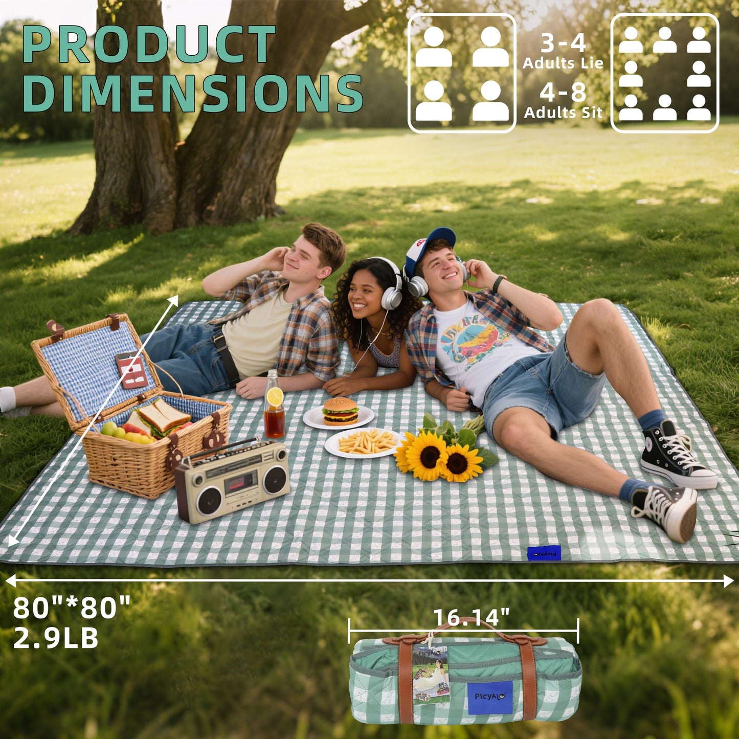 Waterproof 80"X80" Picnic Blankets Thick Outdoor Picnic Mat with 4 Luminous Stakes Foldable Camping Blanket Portable with Carry Strap for Beach Park Grass Park Hiking