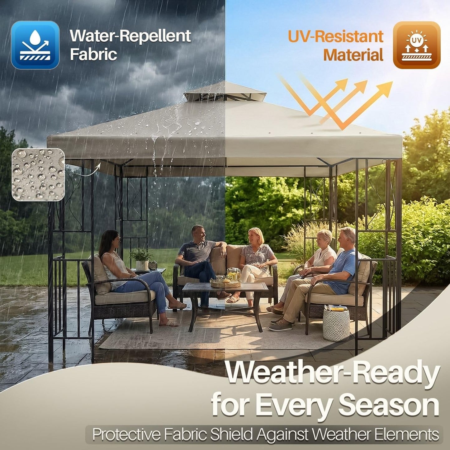 Flexzion Gazebo Cover Replacement Canopy Top 8x8 Ft (2.4m x 2.4m) - Double Tier Top Canopy Cover Replacement with UV30+, Dirt, Water Resistant for Outdoor, Sunshade, Garden, Patio, Pavilion (Ivory)