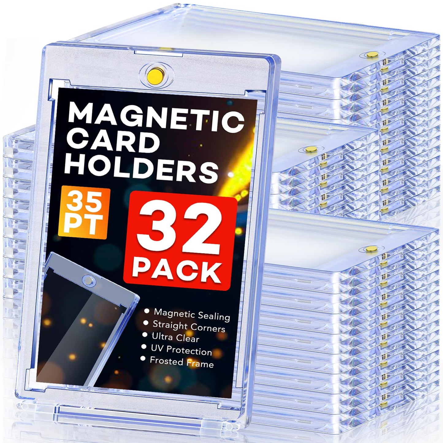 ZENOWICK 32ct Magnetic Card Holders, 35pt One Touch Card Holder, U-V Protection Hard Plastic Case for Trading Cards, Display Case for Sports, Baseball, Football, Game Cards