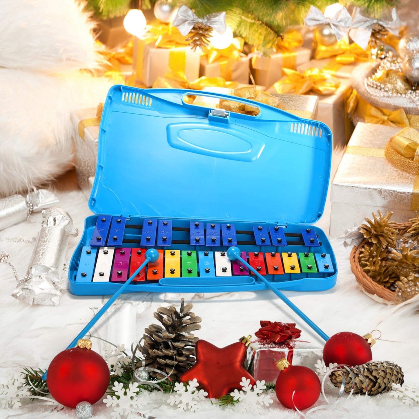 Foraineam Xylophone, 25 Notes Colorful Metal Keys Glockenspiel Xylophone, Percussion Musical Instrument with Carry Case and 2 Safe Mallets for Beginners